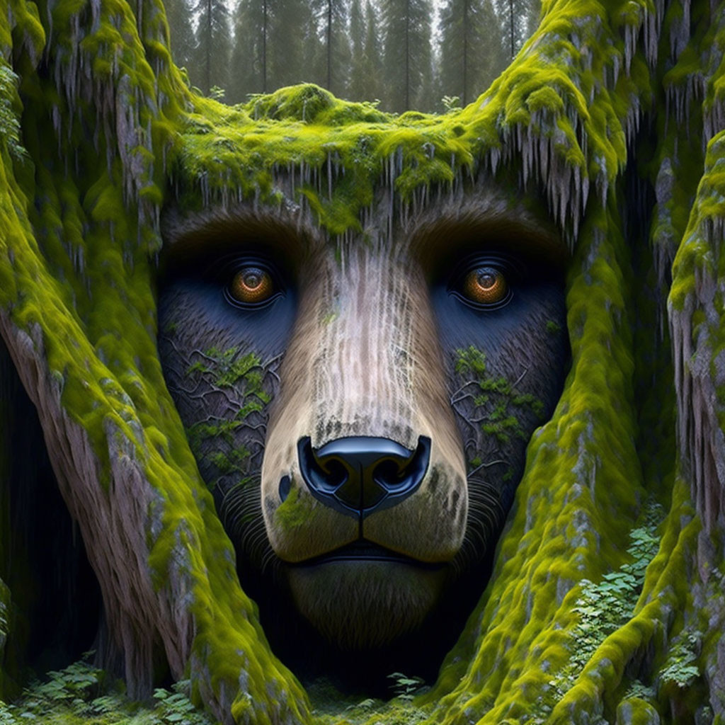 Surreal bear face merged with mossy forest in captivating image