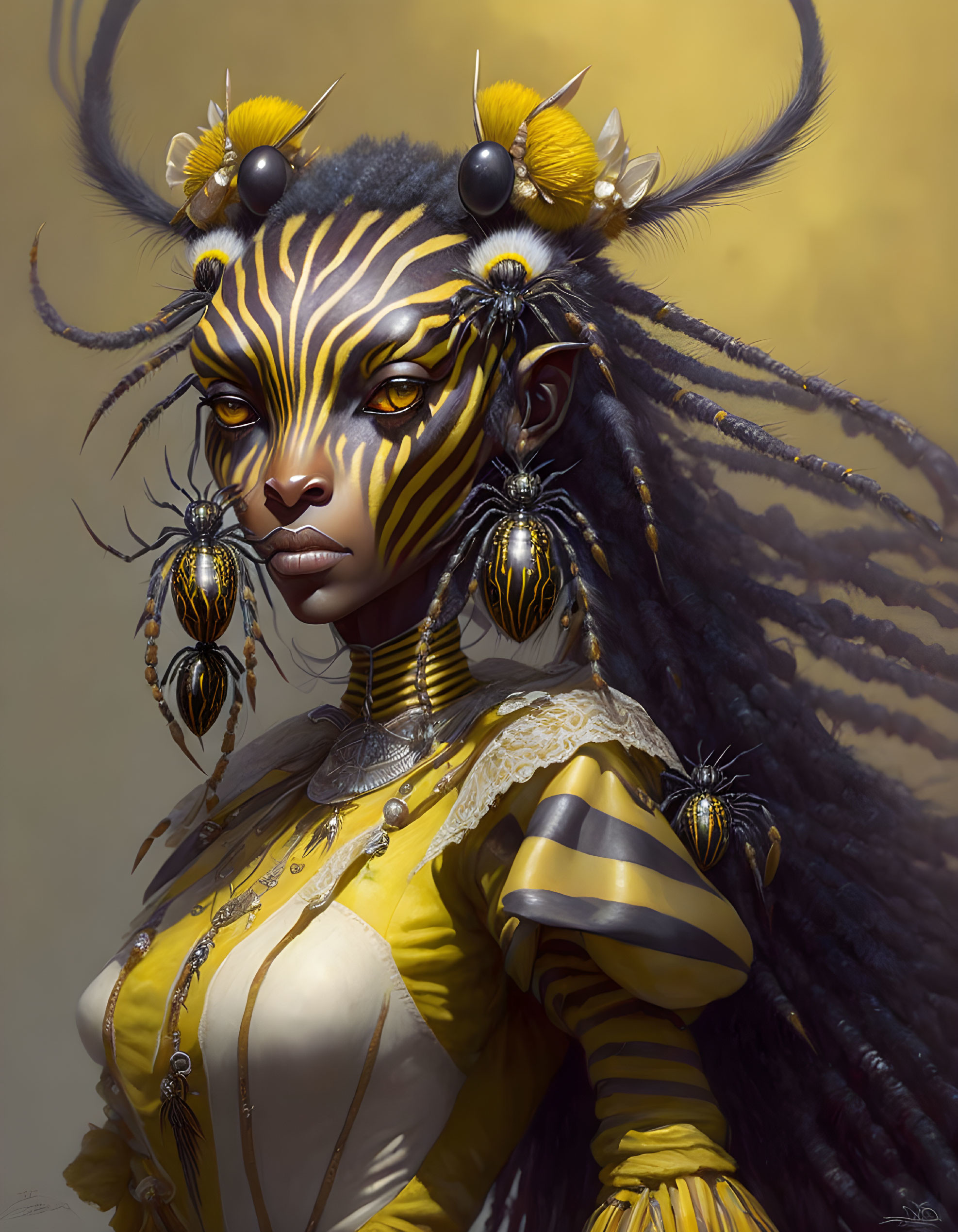 Fantasy illustration of woman in bee-themed attire and makeup