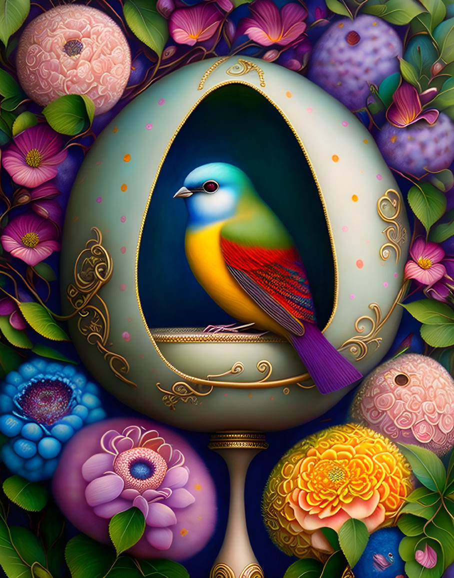 Colorful bird in decorative egg surrounded by ornate eggs and flowers