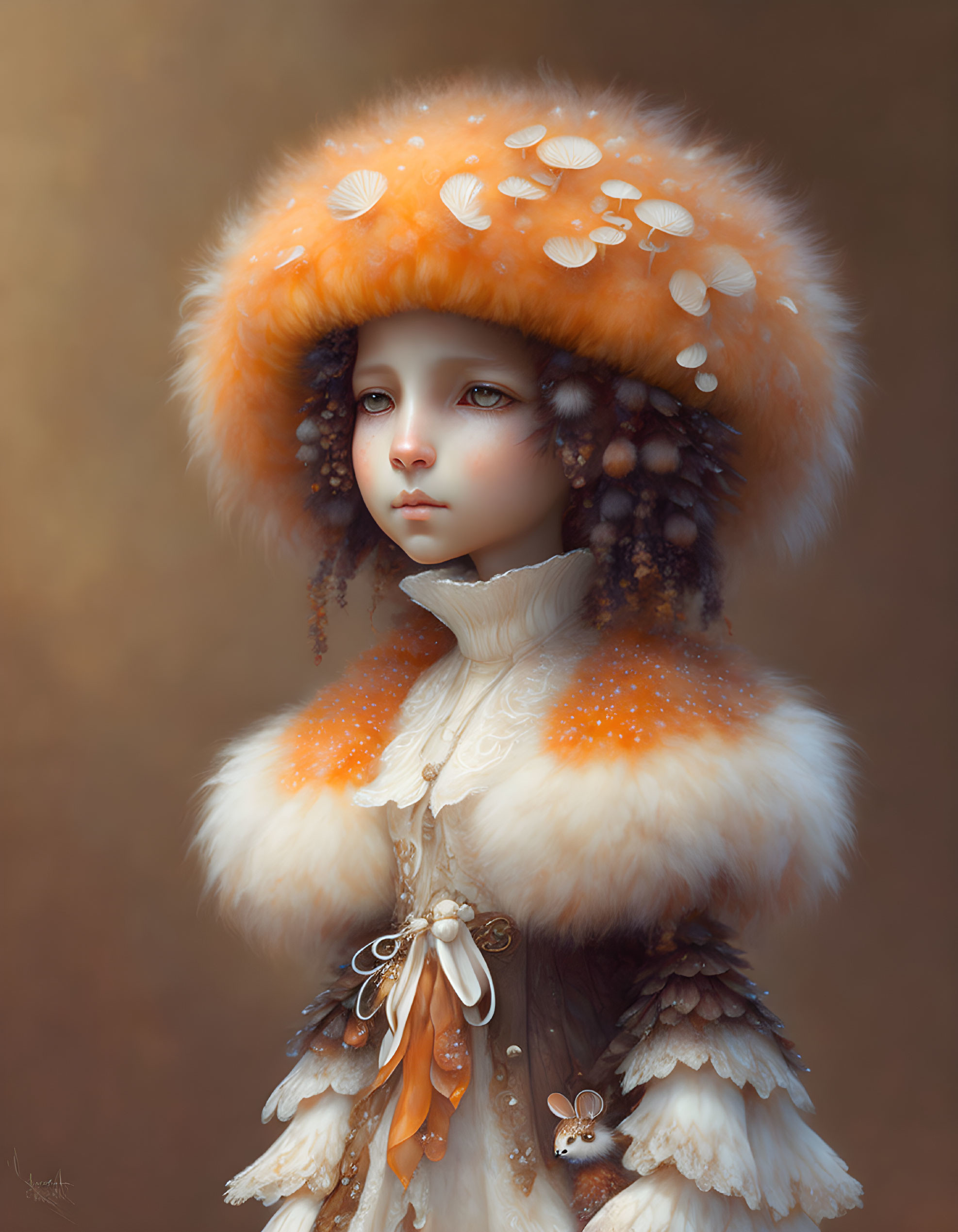 Person with Large Orange and White Fur Hat and White Ruffled Garment