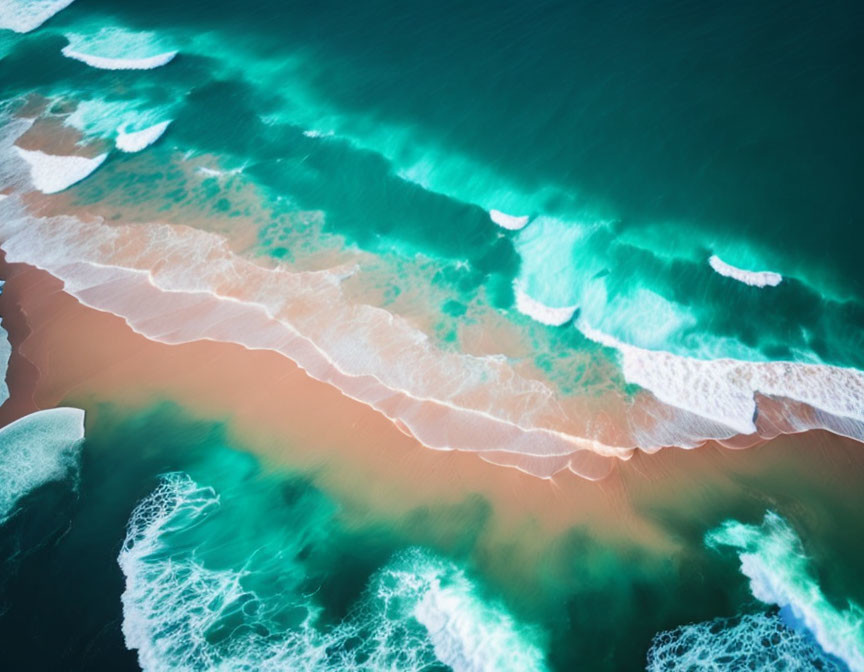 Turquoise Sea with White Waves on Sandy Beach