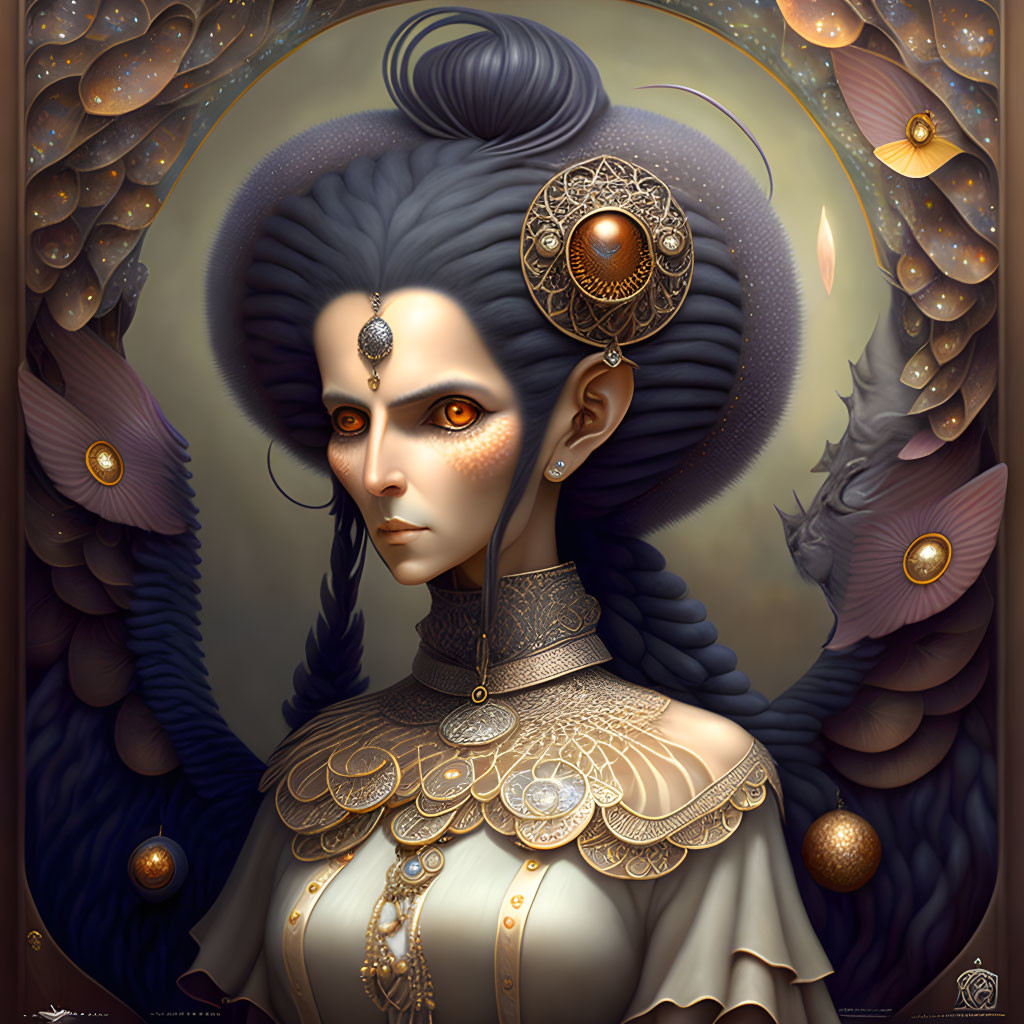 Illustrated portrait of majestic woman with feather-like hair and gold jewelry against cosmic backdrop