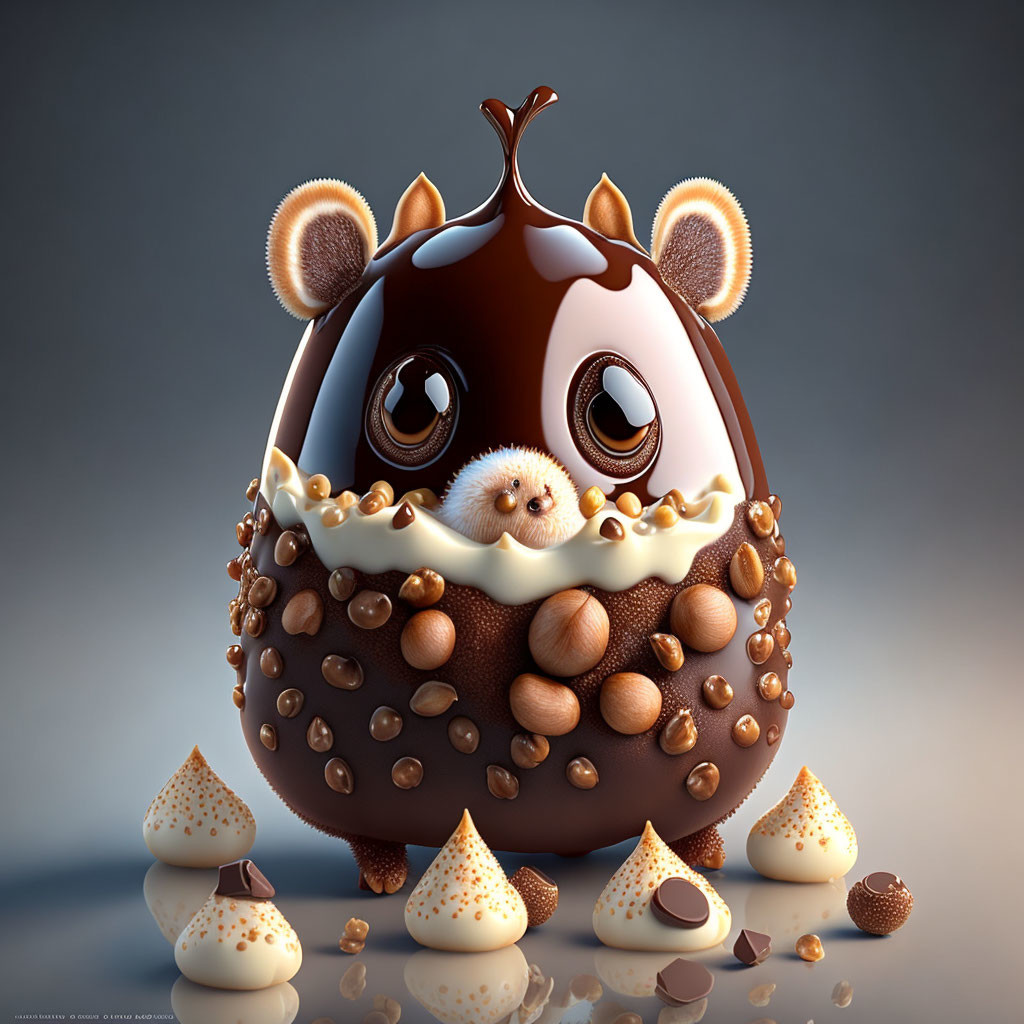 Stylized creature with chocolate-like body and confectionery decorations