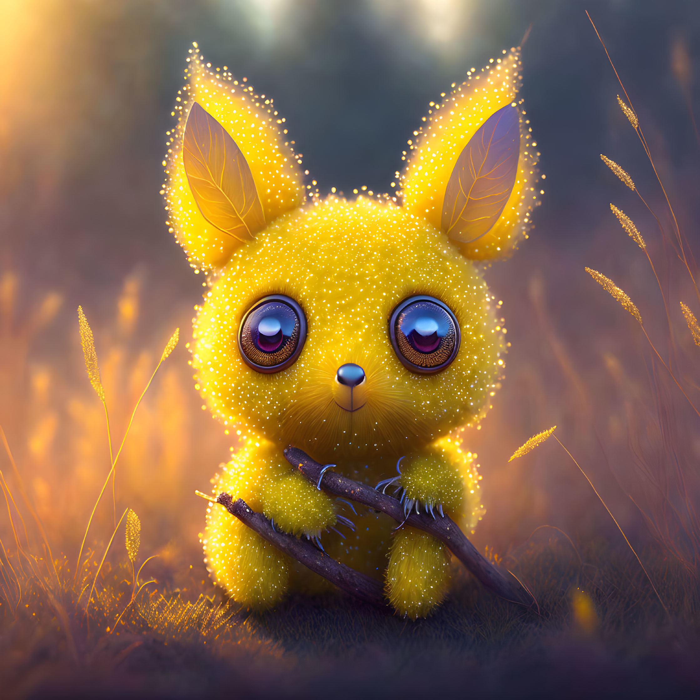 Yellow Cartoon Creature with Pointy Ears in Golden Field