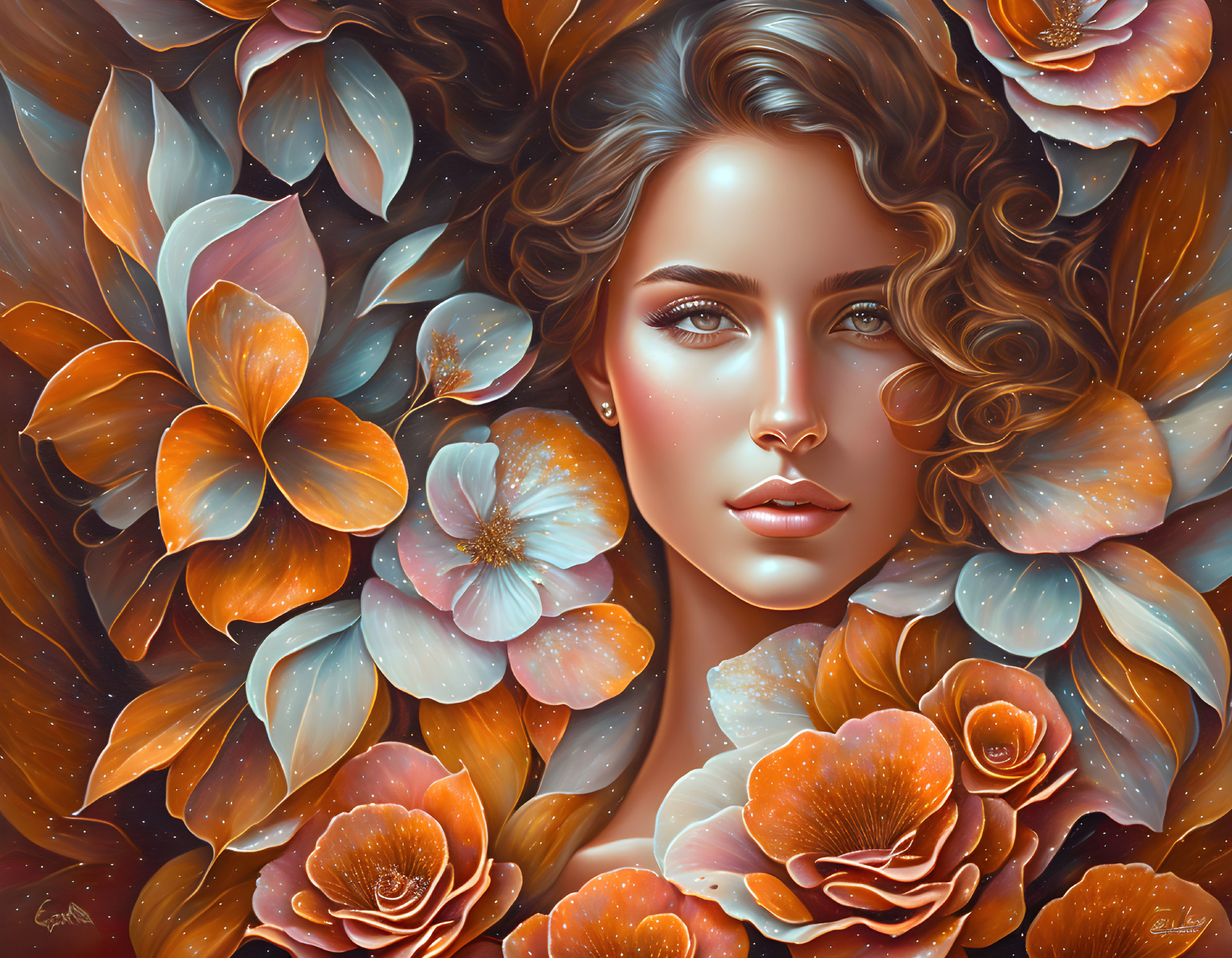 Detailed digital portrait: Woman with flowing hair and orange flowers, rich warm colors, fantasy vibe.