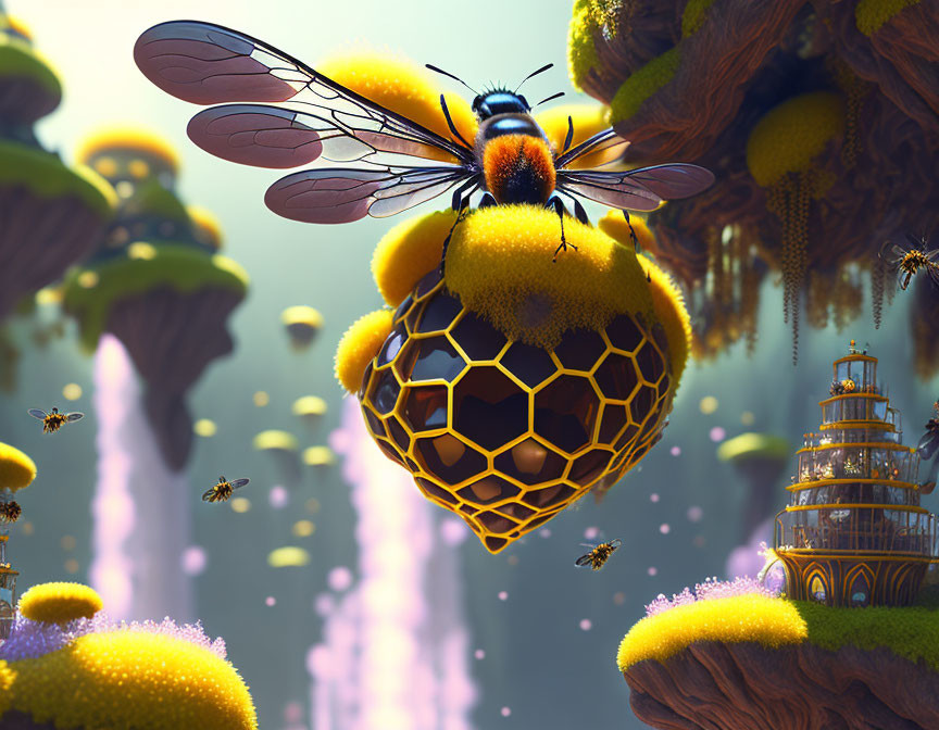 Fantasy digital artwork: oversized bees, honeycomb structures, floating islands