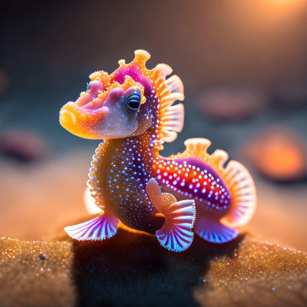 Colorful whimsical seahorse-like creature with ornate fins on sandy surface