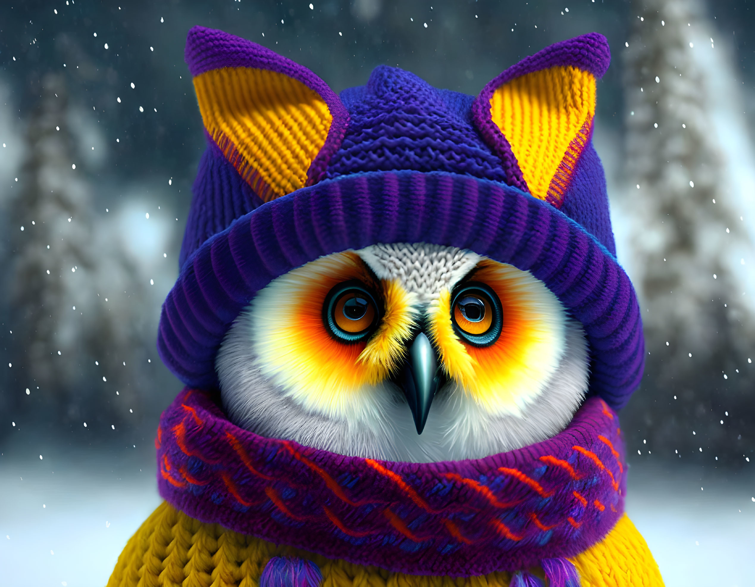 Colorful Anthropomorphic Owl in Knitted Hat and Scarf on Snowy Background