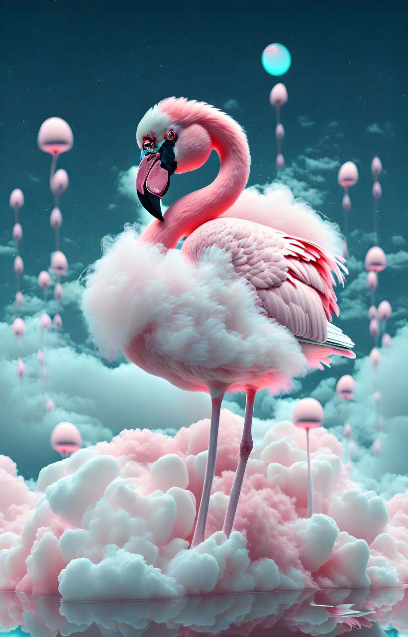 Surreal pink flamingo on fluffy clouds with jellyfish-like balloons