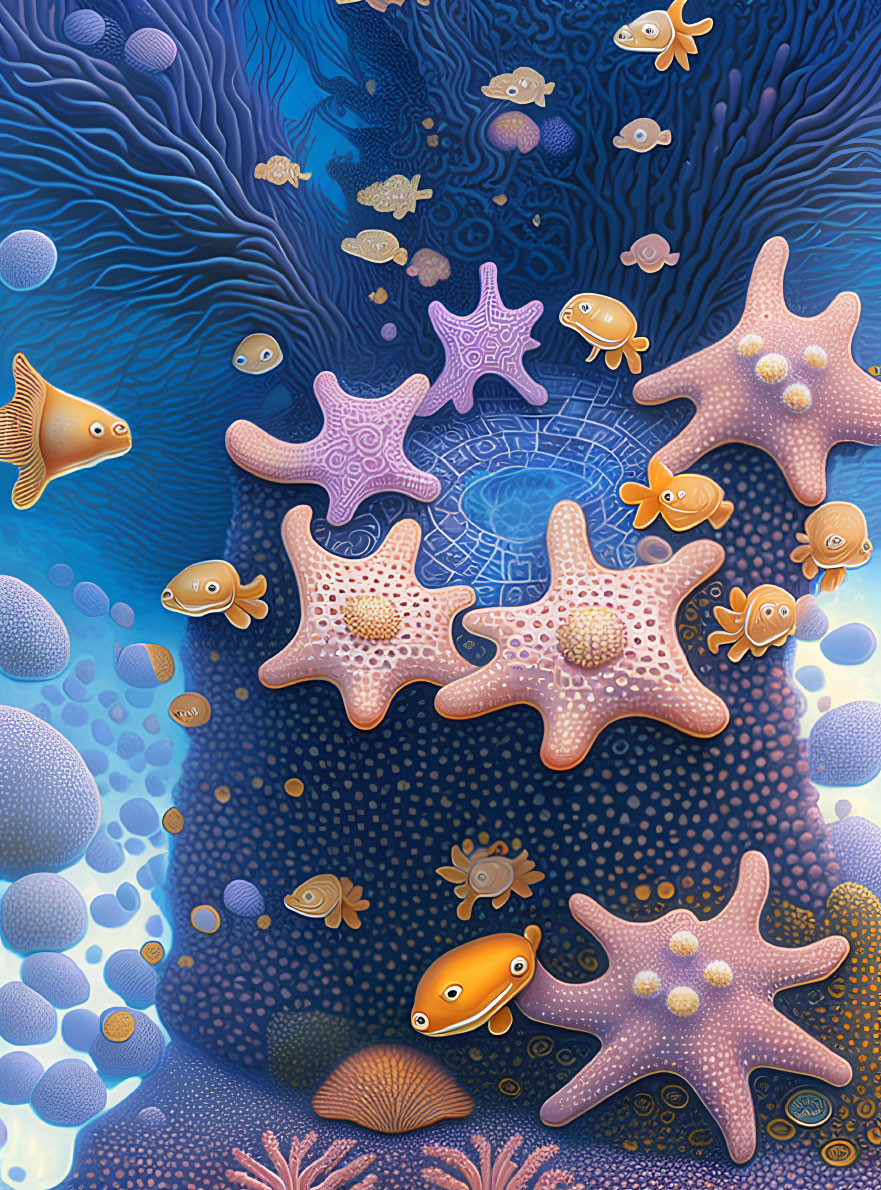 Vibrant Underwater Scene with Starfish, Fish, and Coral