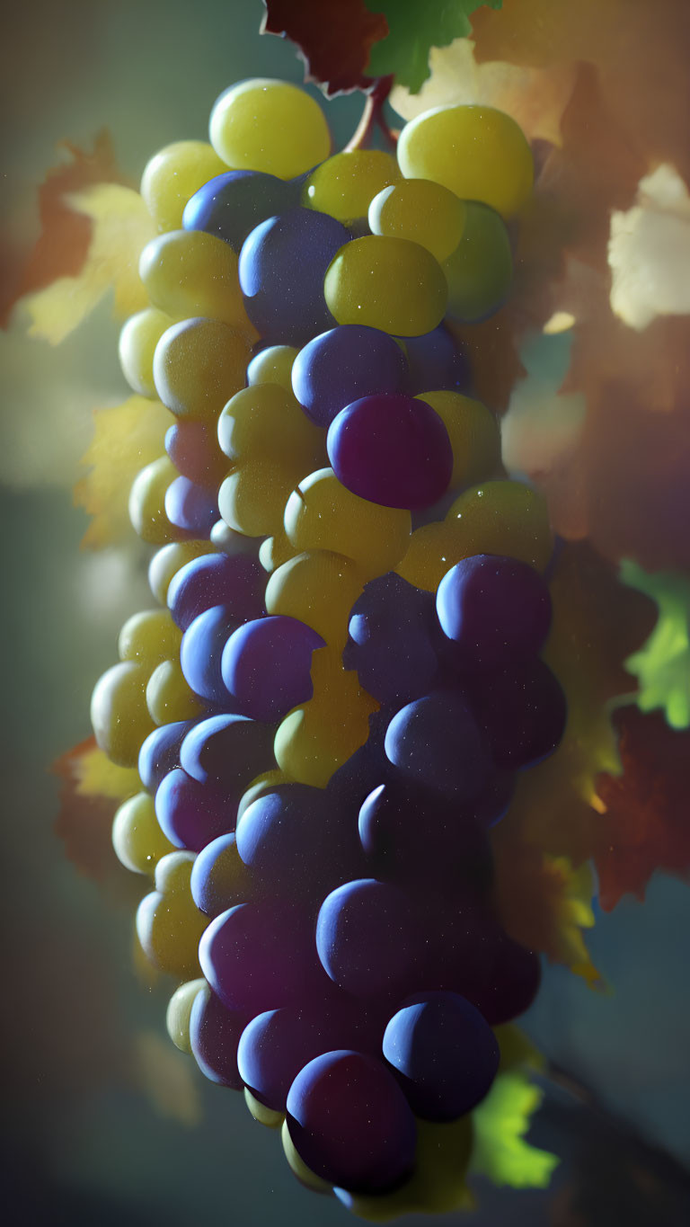 Colorful Purple and Green Grapes with Autumnal Leaves