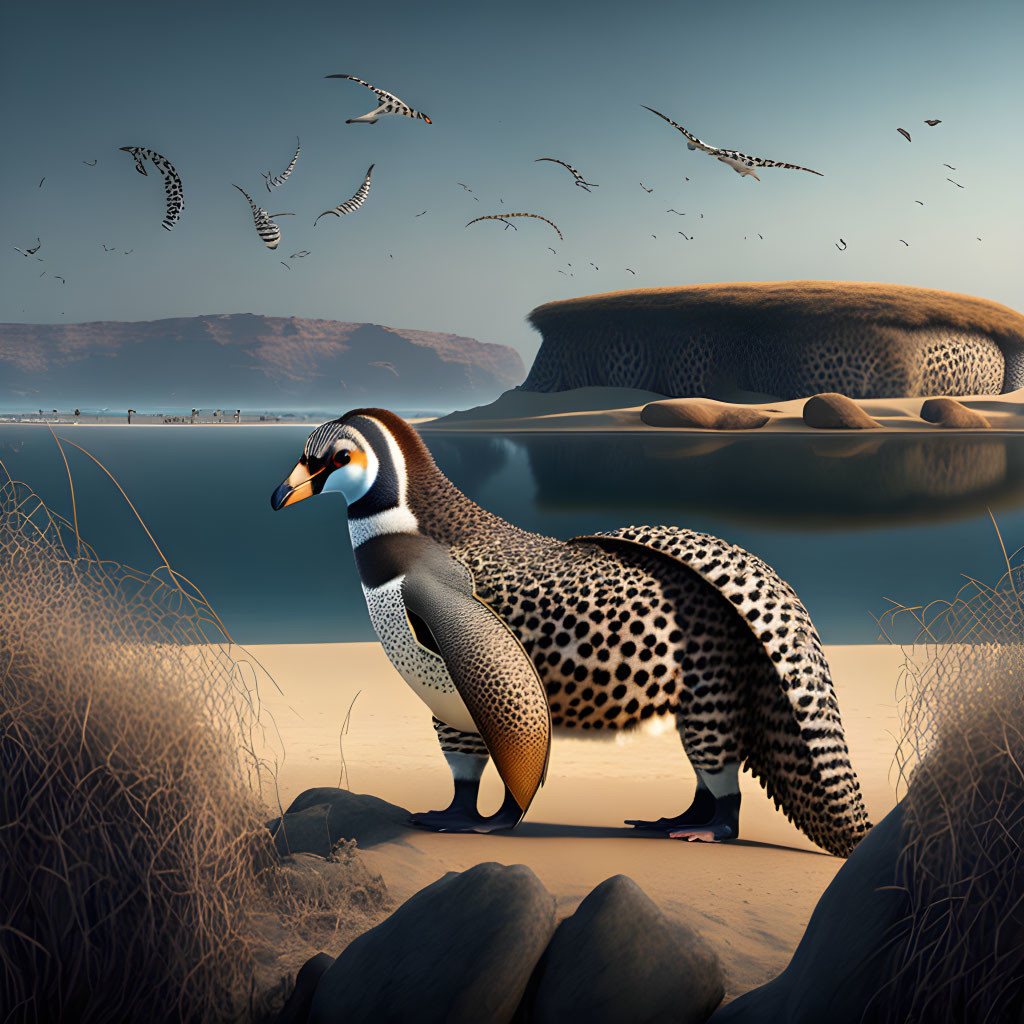 Stylized penguin illustration with leopard print on beach rocks, grass, birds, mountains.