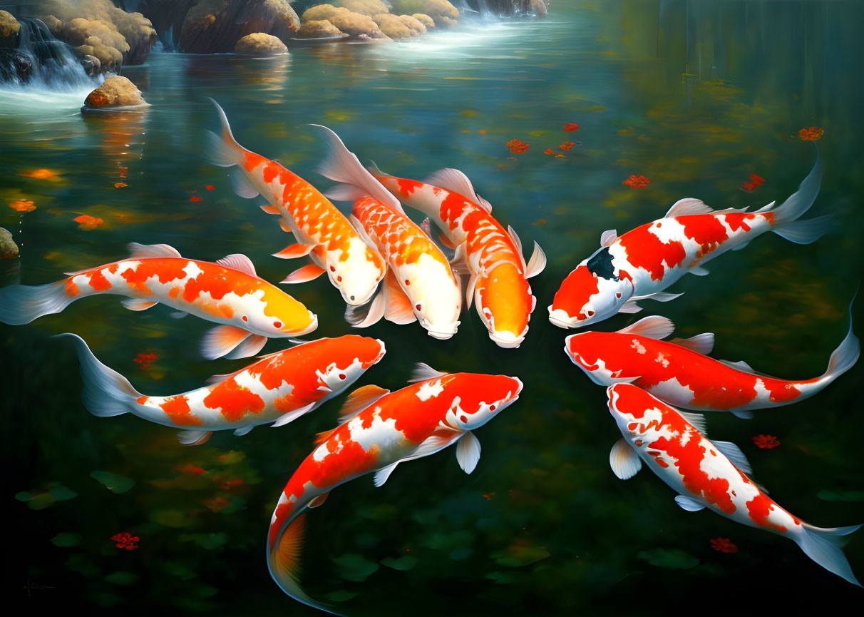 Vibrant koi fish in clear pond with red flowers and rocky edges