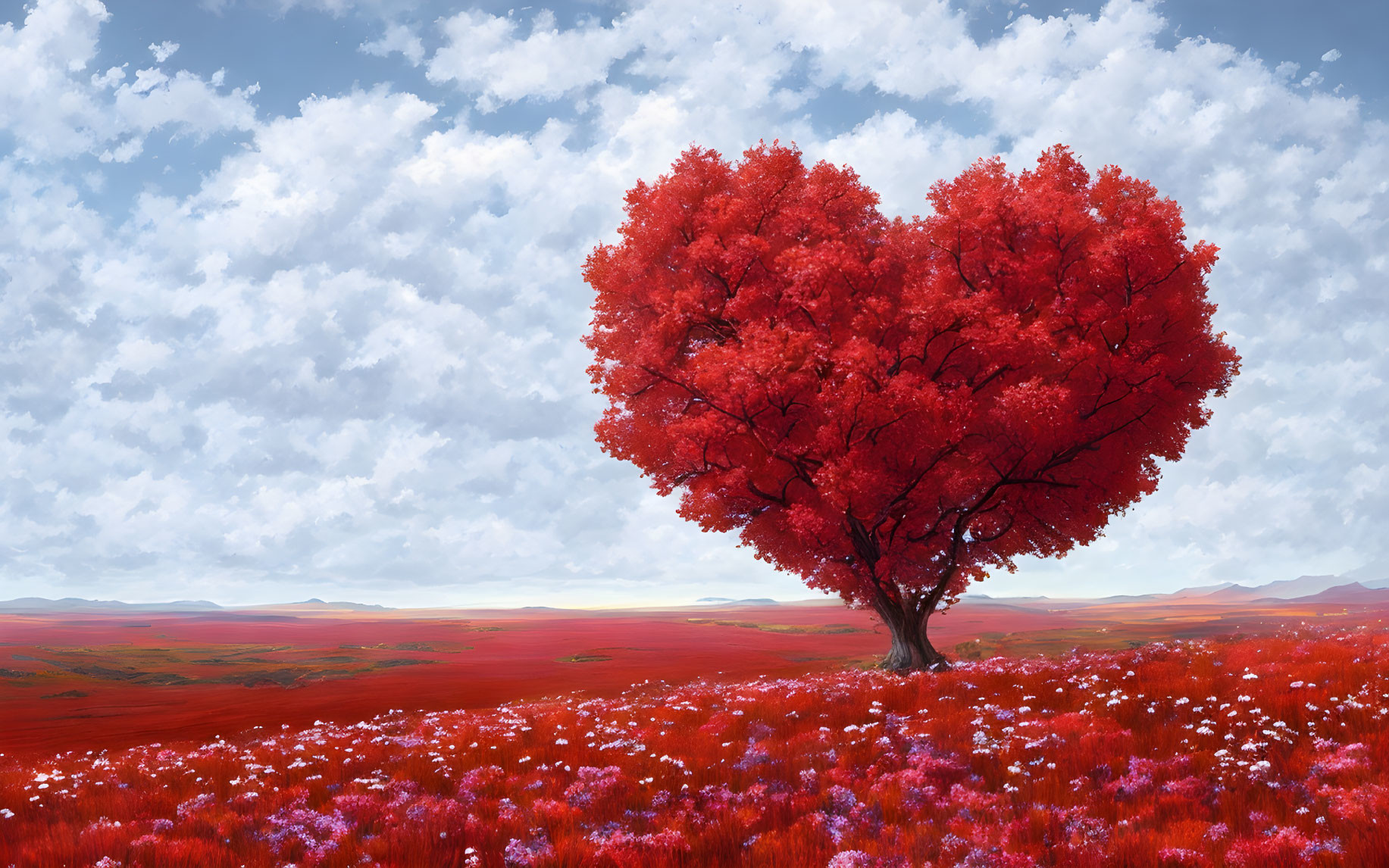 Vibrant Red Heart-Shaped Tree in Purple Flower Field