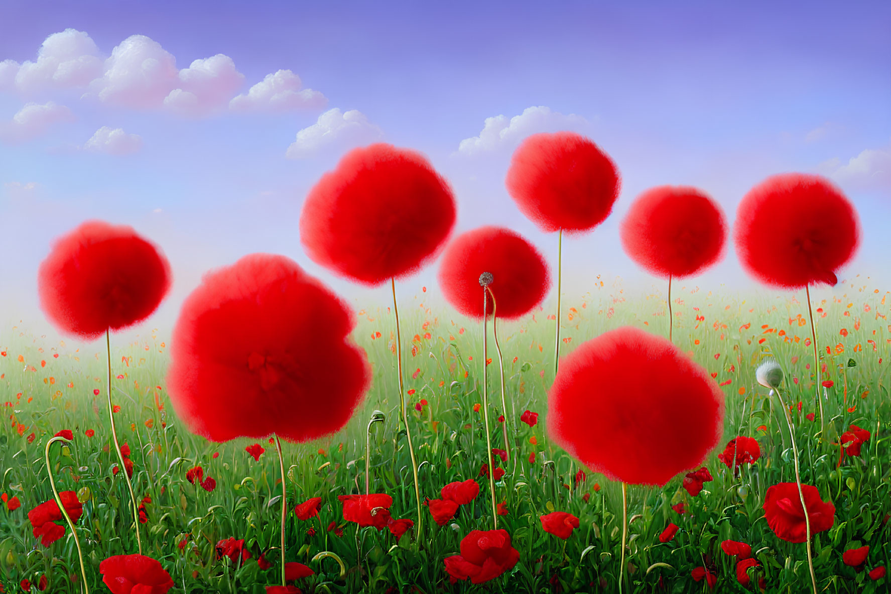 Bright red poppies in green field under blue sky