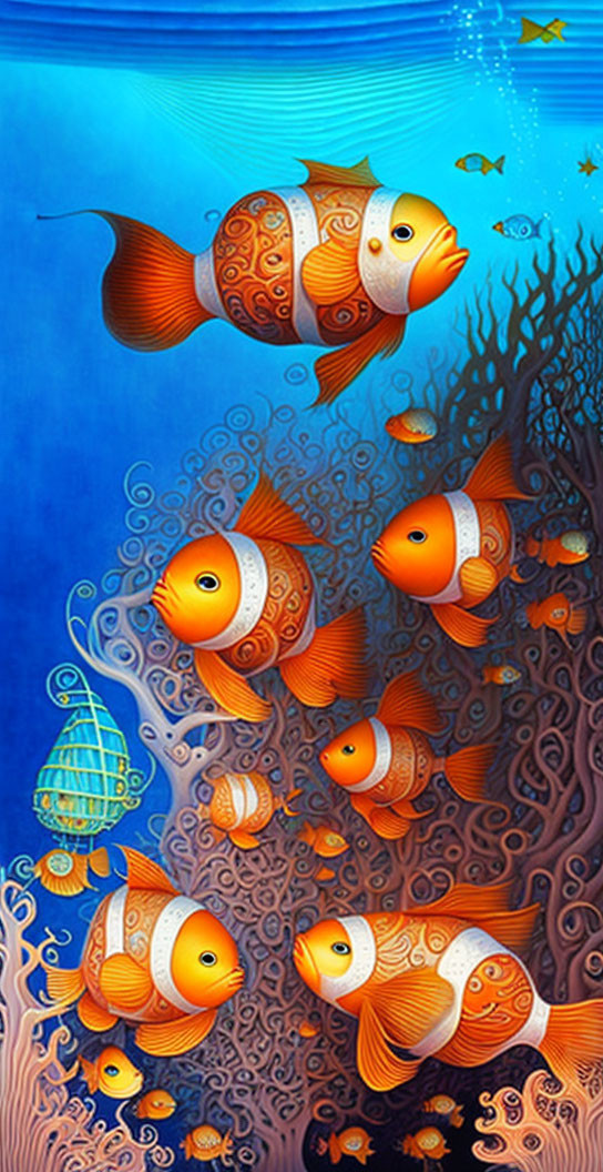 Colorful digital artwork: Orange fish with patterns in oceanic scene