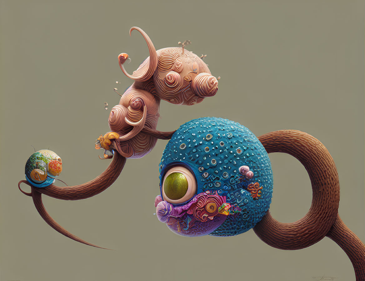 Detailed surreal digital artwork: Blue spherical creature with large eye and intricate tendrils.