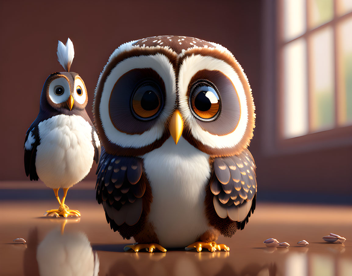 Two expressive animated owls in a sunlit room, one larger and curious.