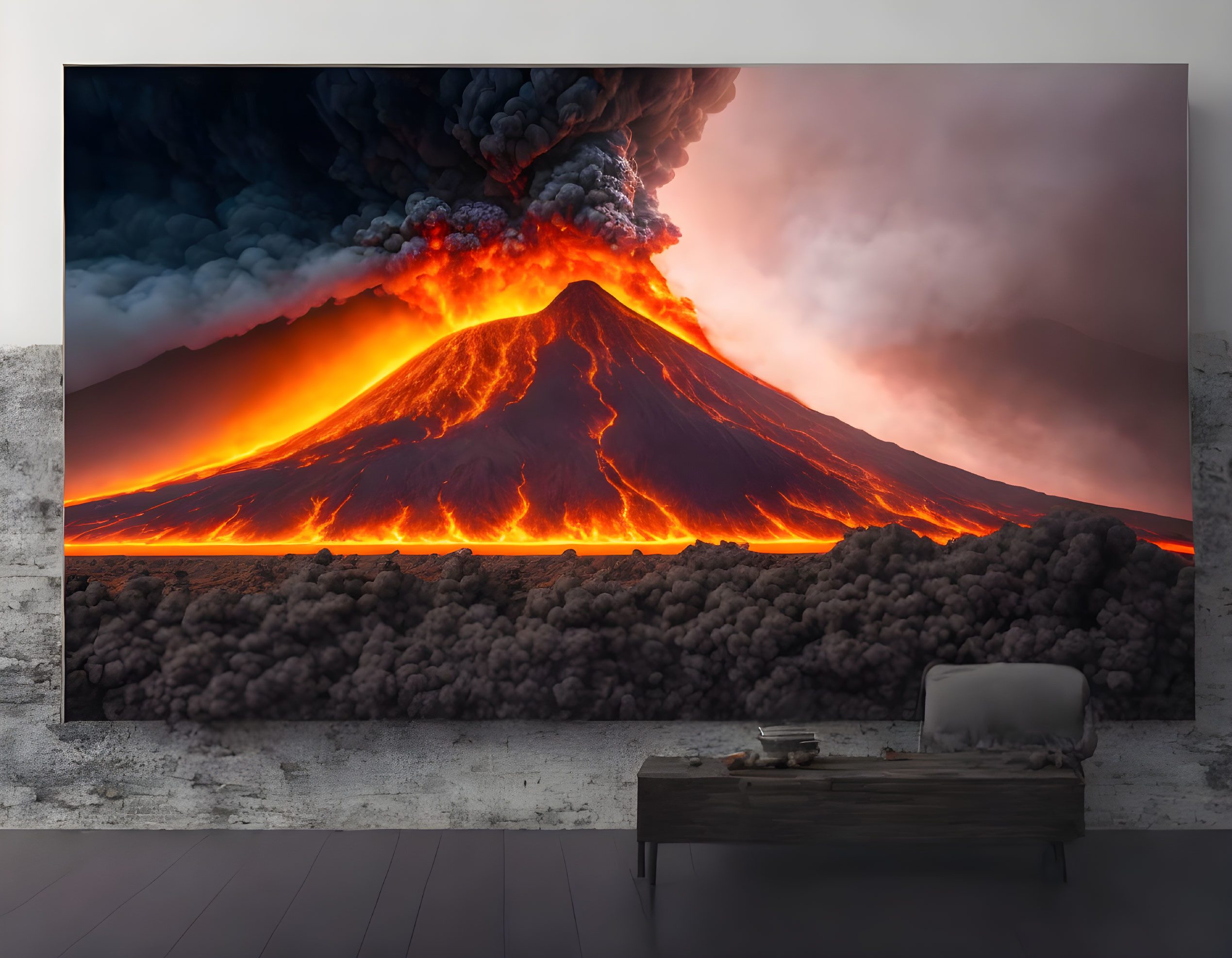 Erupting volcano canvas print above bench with books