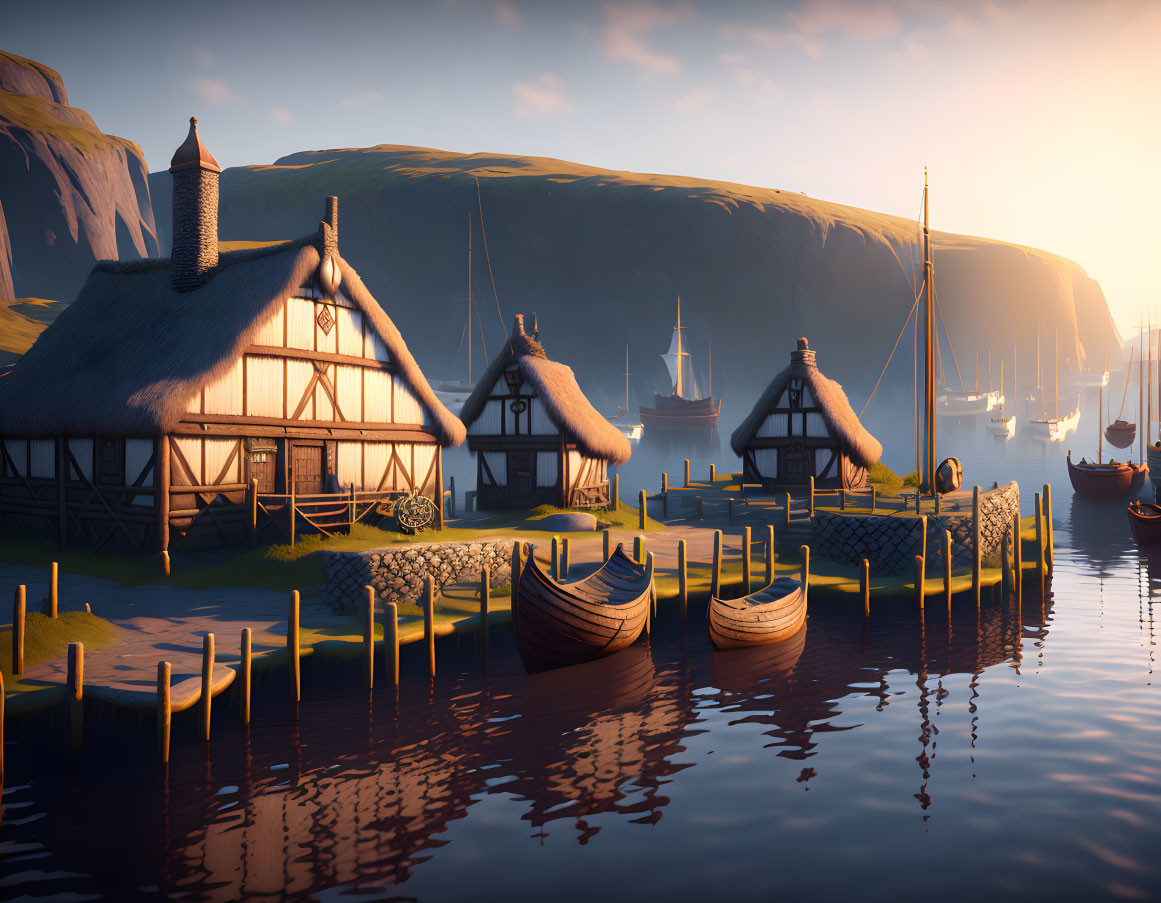 Tranquil sunset harbor with Viking longhouses and boats