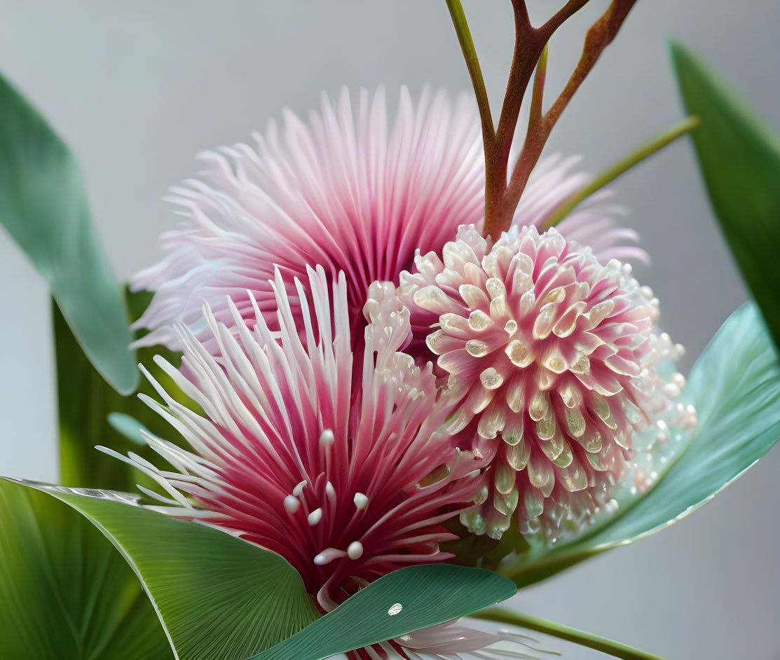 Stylized pink and white floral blooms with green leaves.