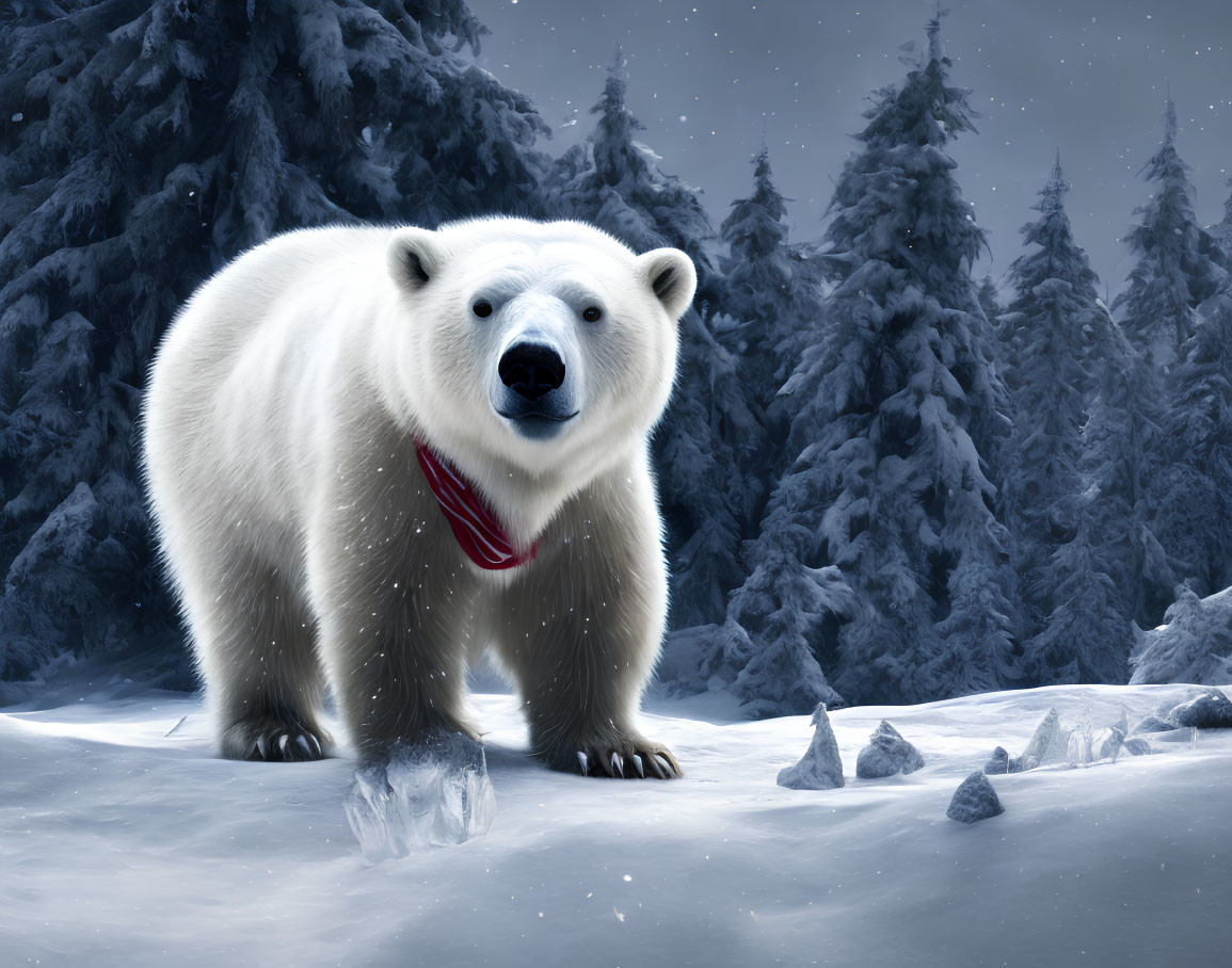 Polar Bear in Snowy Landscape with Red Scarf