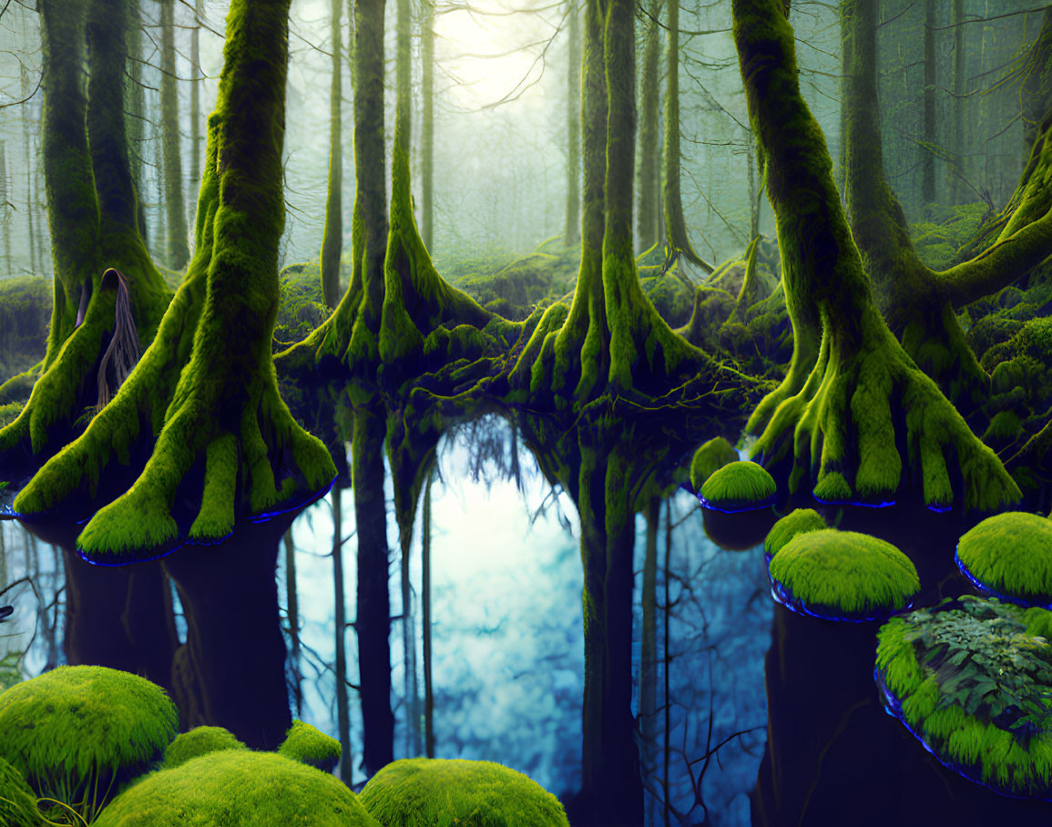 Enchanting forest scene with moss-covered roots and serene water reflection