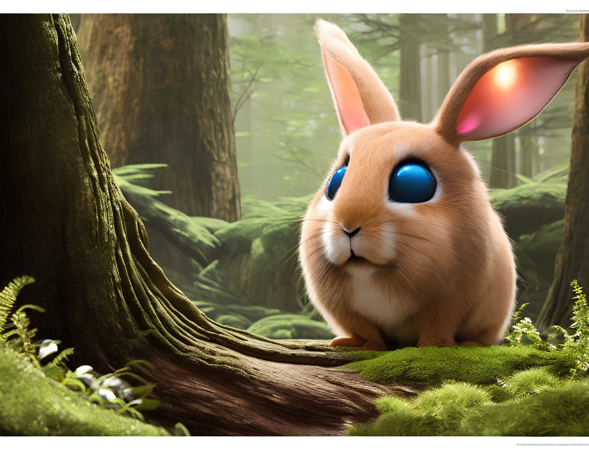 Exaggerated cartoon rabbit in realistic forest setting