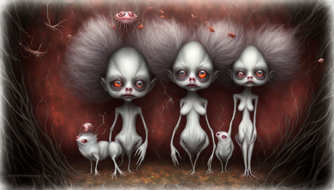 Four pale humanoid creatures with large eyes in mystical forest setting