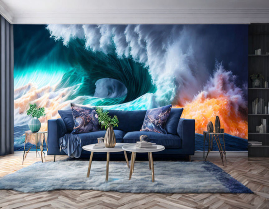 Modern living room with ocean wave mural, navy blue sofa, tables, and plants