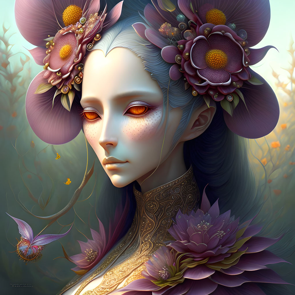 Fantastical portrait of person with pale skin and red eyes in floral hair adornments