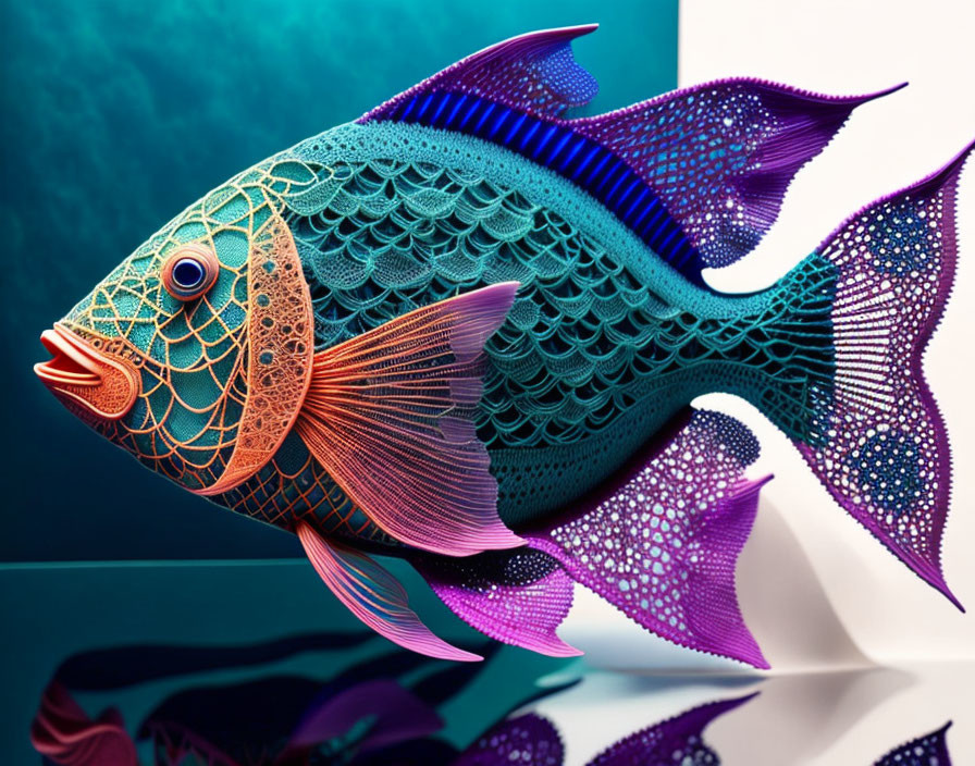 Colorful digital art: Stylized fish with intricate patterns on turquoise background