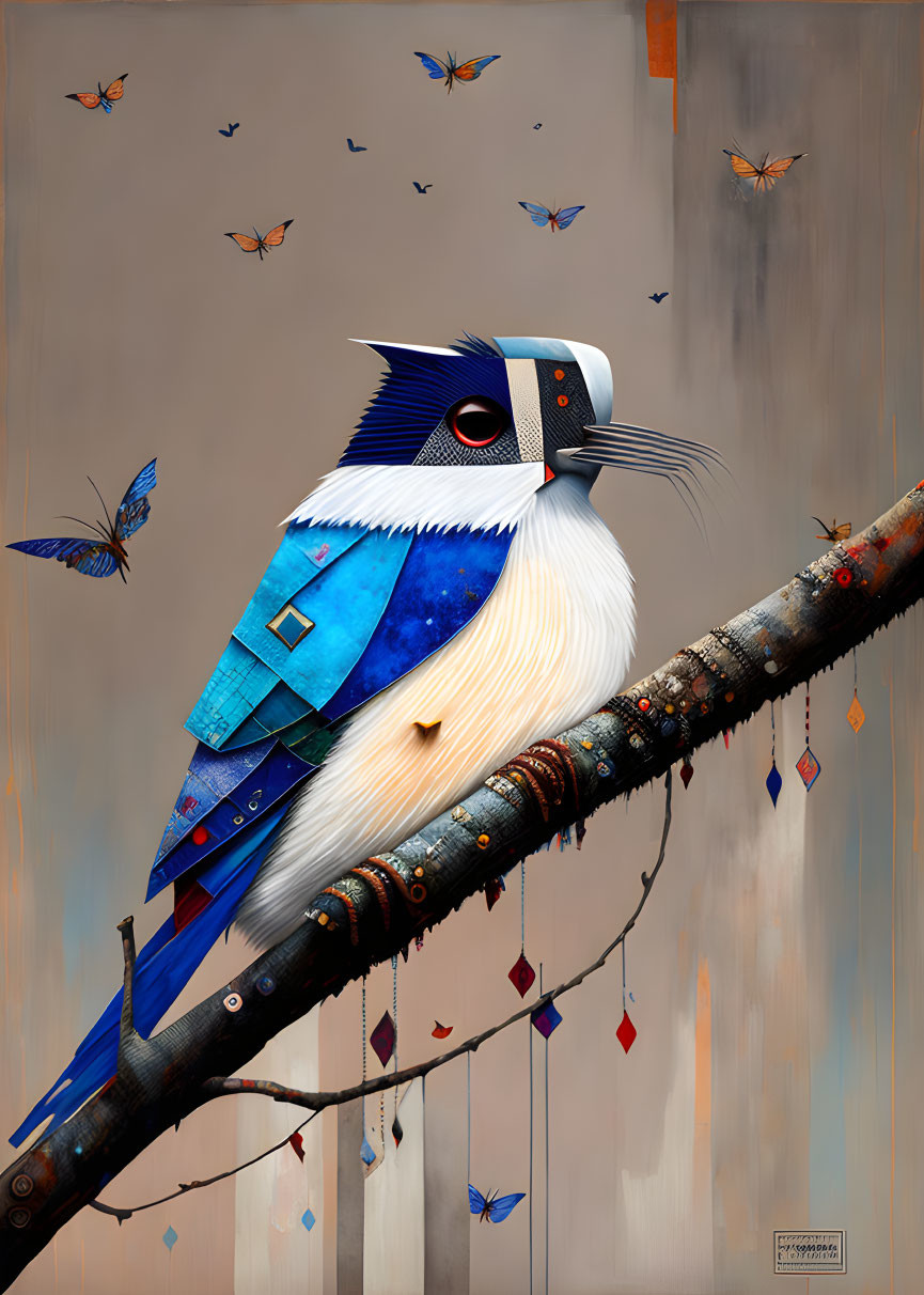 Mechanical bird with blue and white plumage perched among colorful butterflies