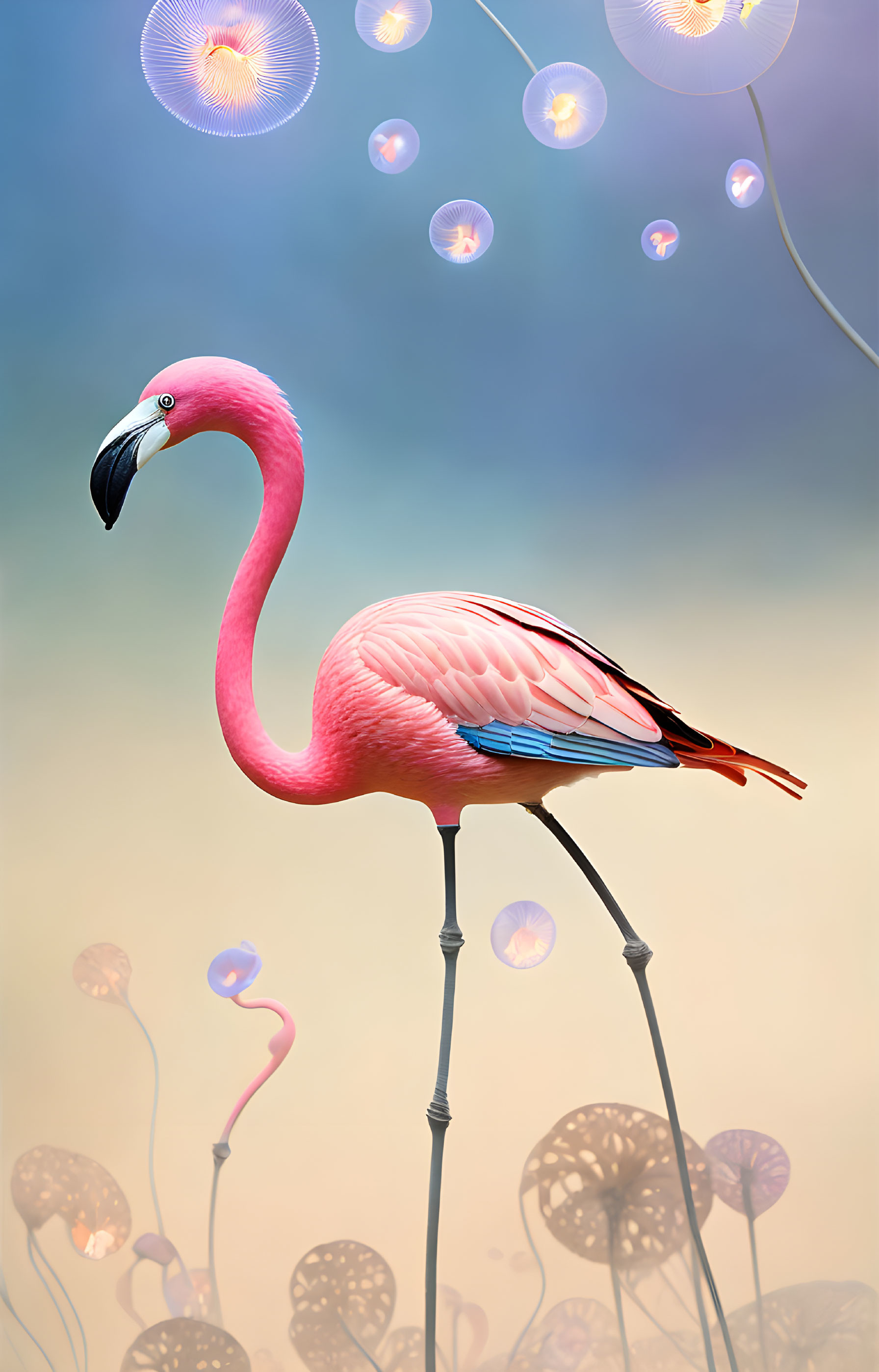 Pink flamingo surrounded by whimsical flora and bubbles on blue gradient background