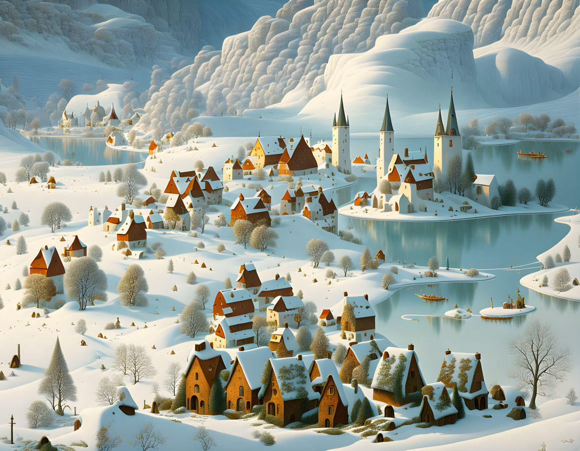 Snow-covered winter village by river with hills and hazy sky