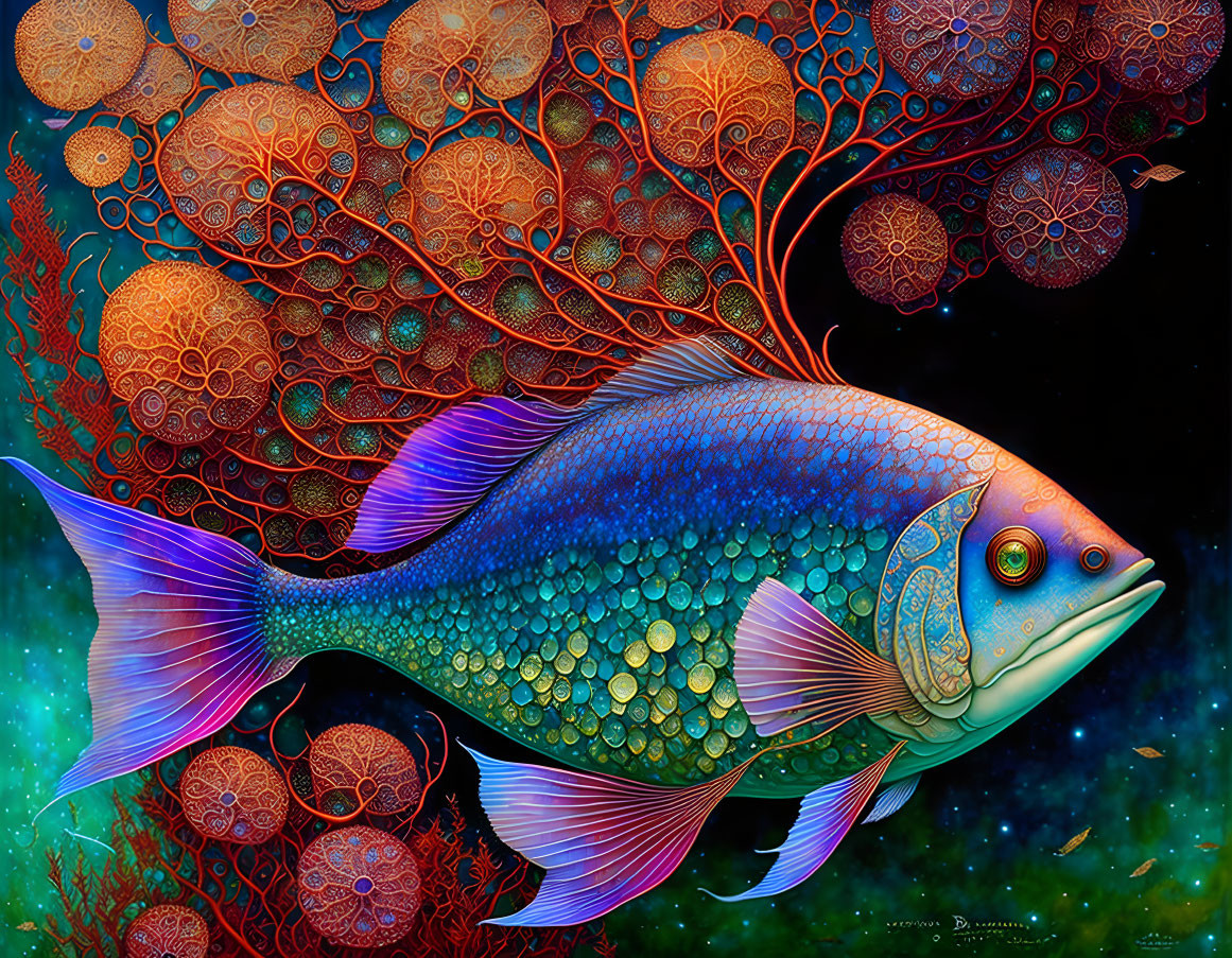 Colorful surreal fish illustration with intricate patterns on cosmic background