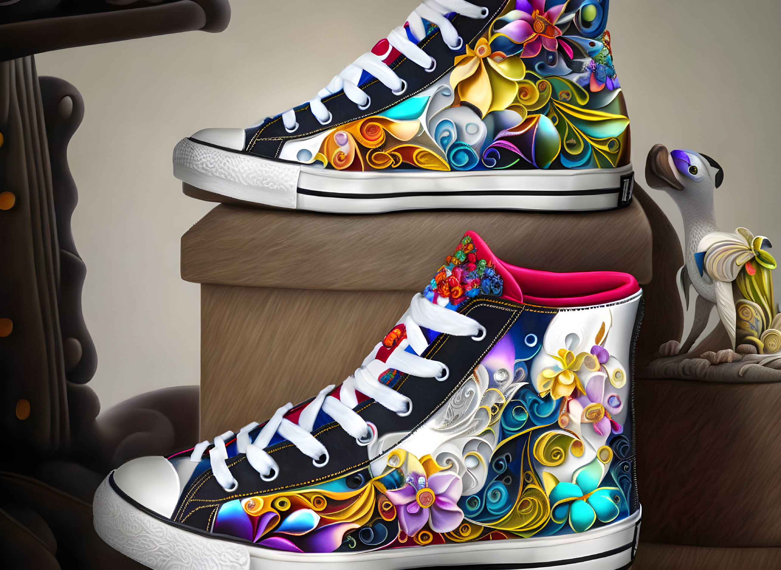 Colorful Floral Pattern High-Top Sneaker on Wooden Step