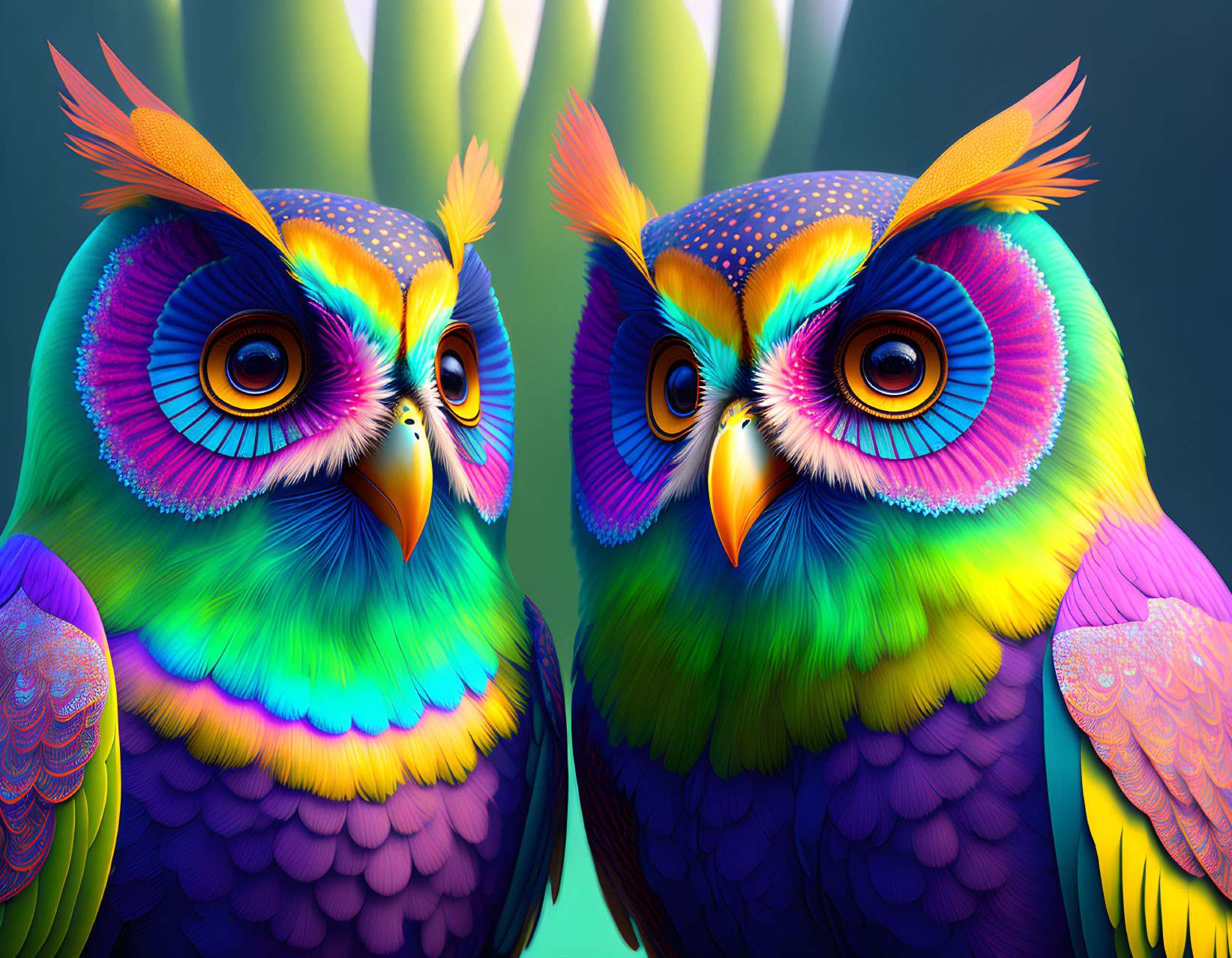 Colorful Owls with Detailed Feathers on Teal Background