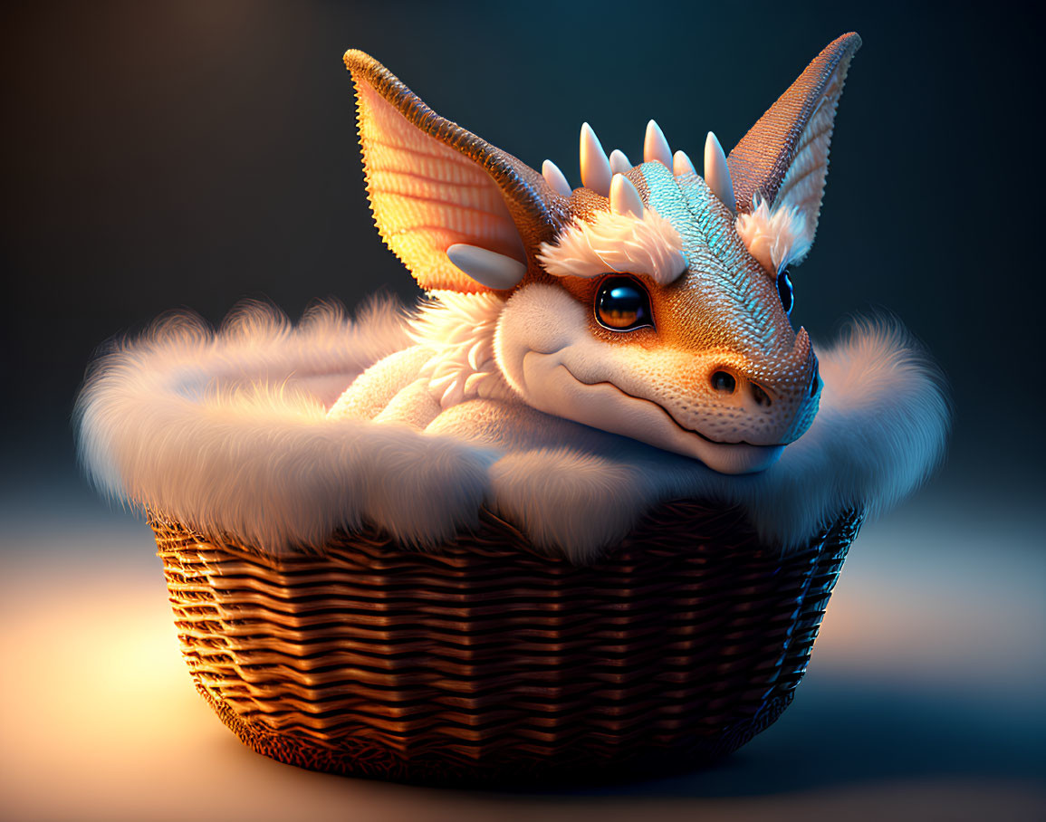 Fantastical dragon-like creature in cozy basket with expressive eyes