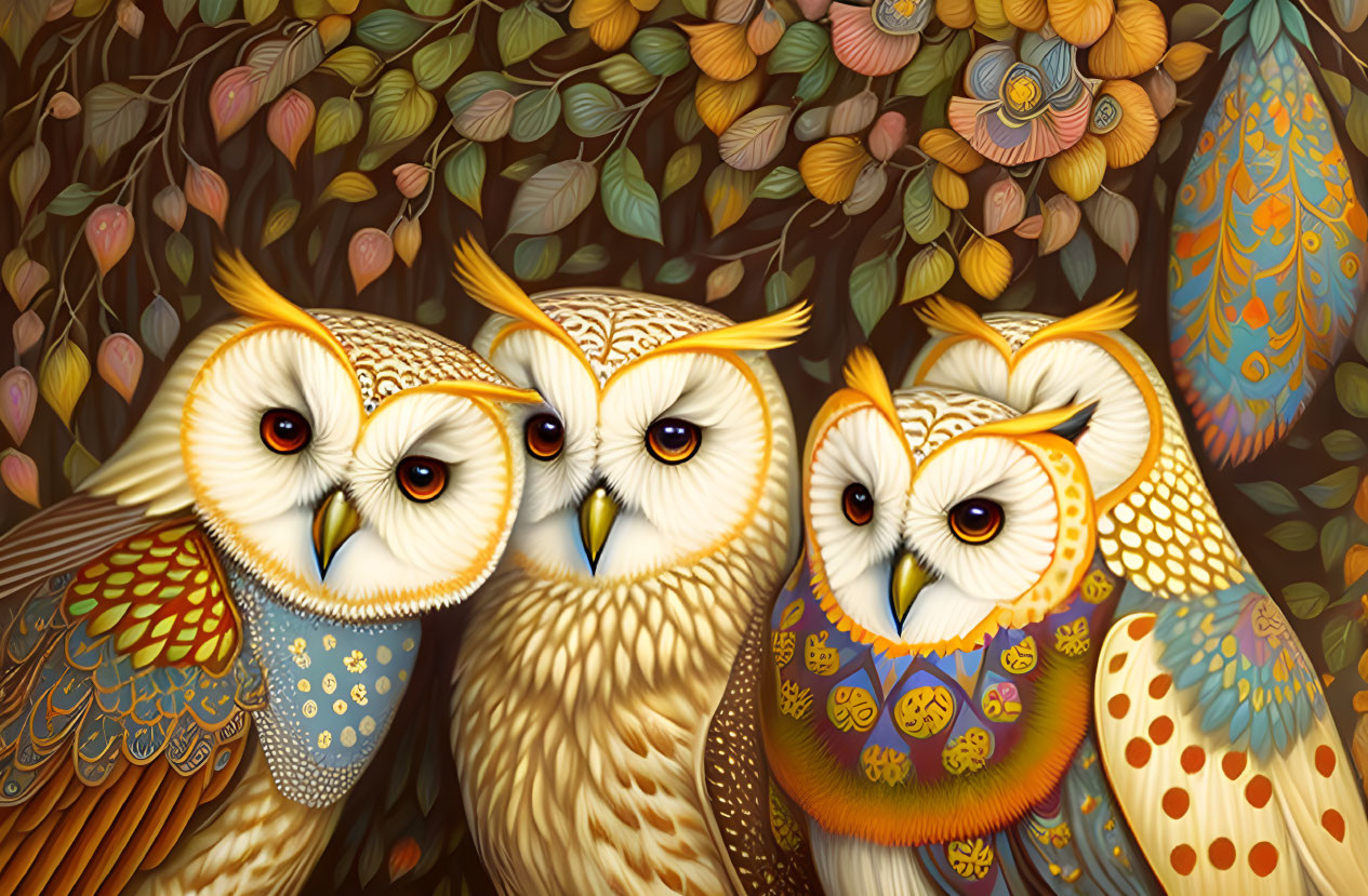 Colorful Stylized Owls Among Autumnal Leaves and Flowers