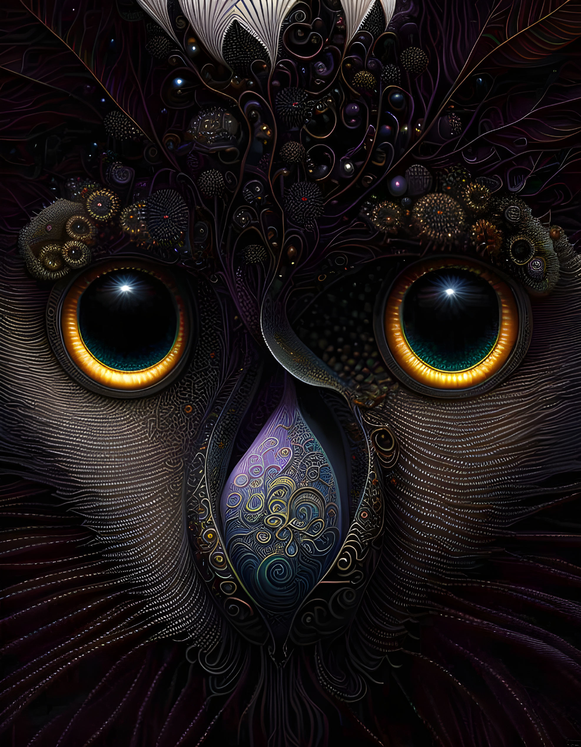 Detailed digital owl artwork with intricate feathers and golden eyes