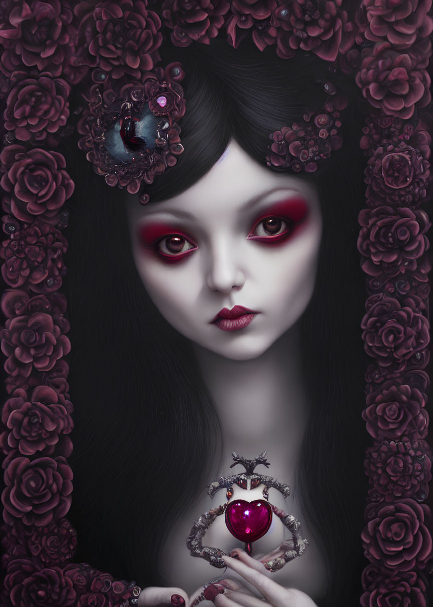 Gothic portrait of pale girl with red eyes, roses, gem heart, and raven.