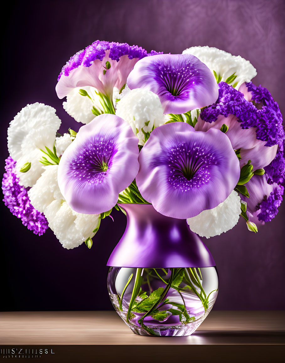 Purple and White Flowers in Clear Glass Vase on Wooden Surface