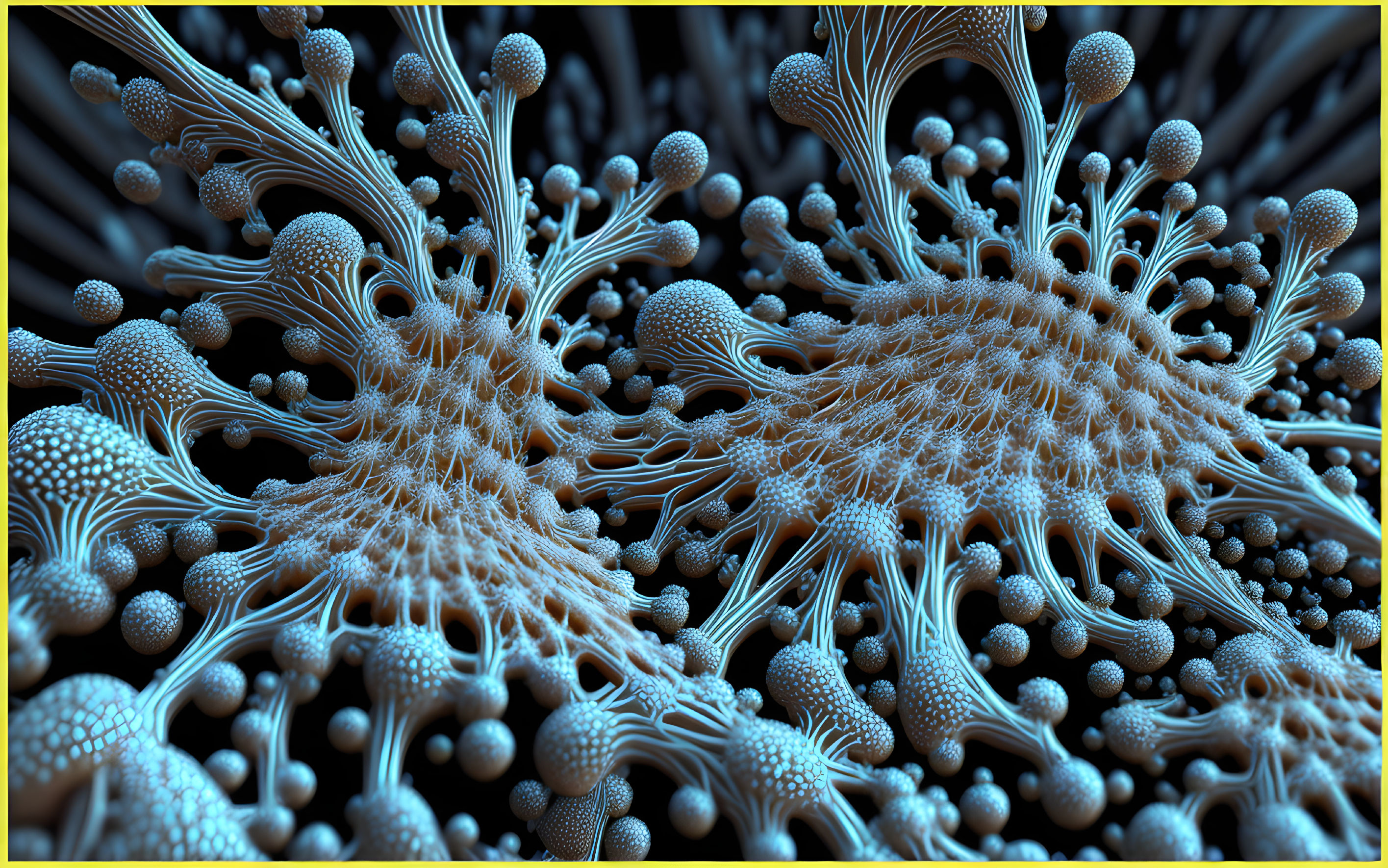 Detailed 3D fractal rendering of neuron-like structures in blue tones