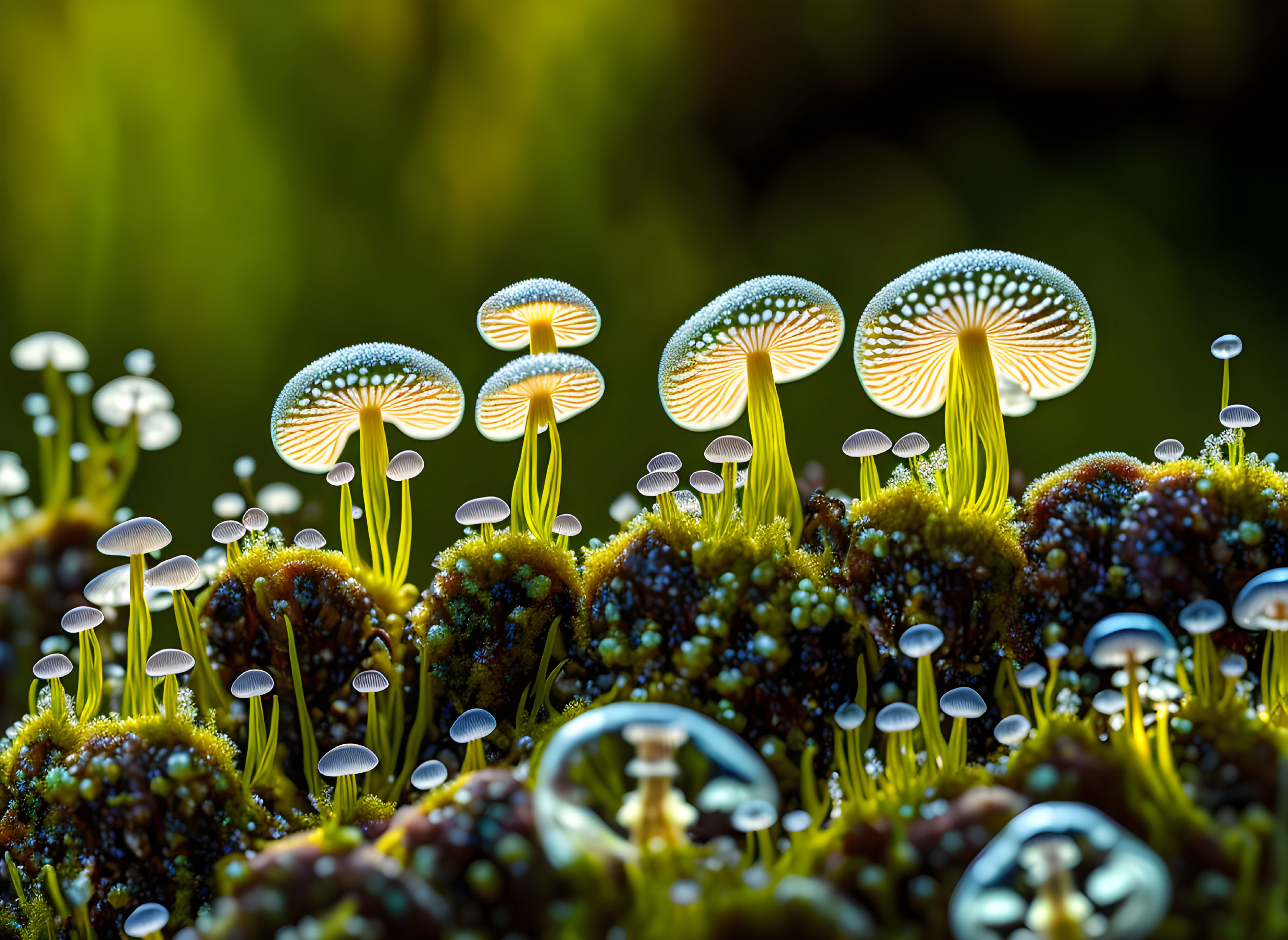 Bioluminescent mushrooms on moss with translucent caps in mystical setting