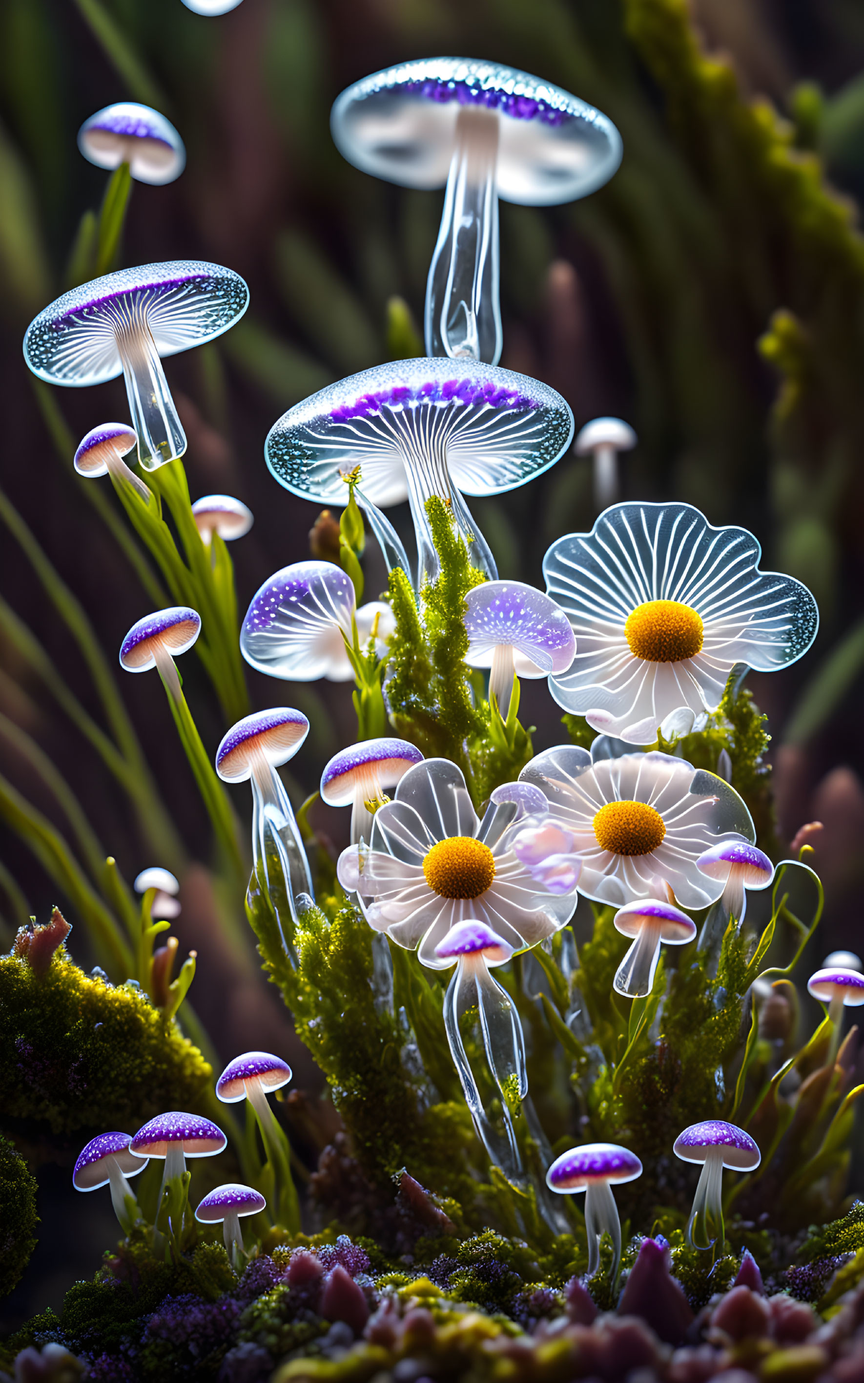 Bioluminescent jellyfish-like mushrooms in mossy forest.