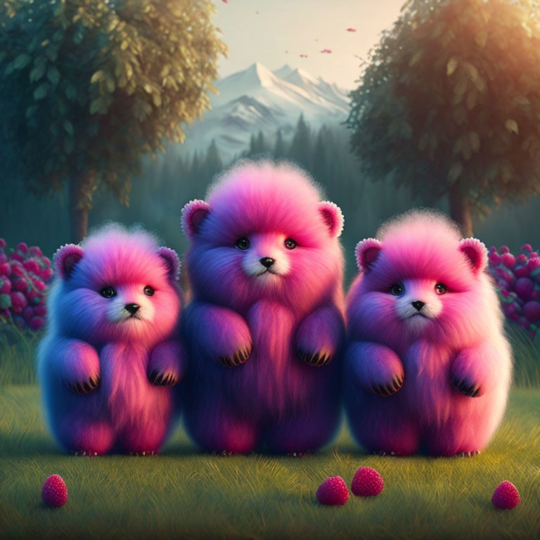 Colorful Fluffy Fantasy Bears in Vibrant Forest