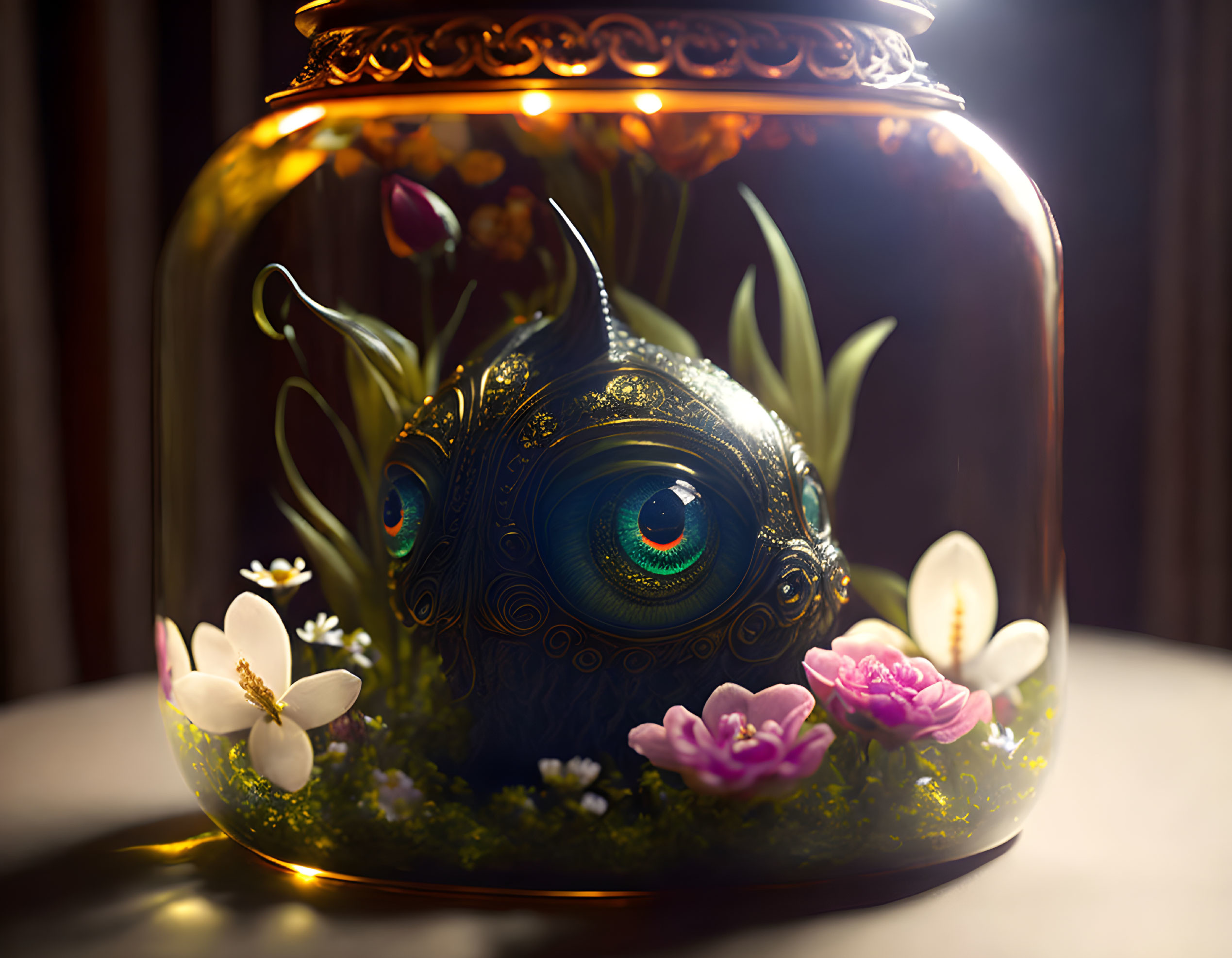 Intricate fish in glass jar with colorful flowers & foliage