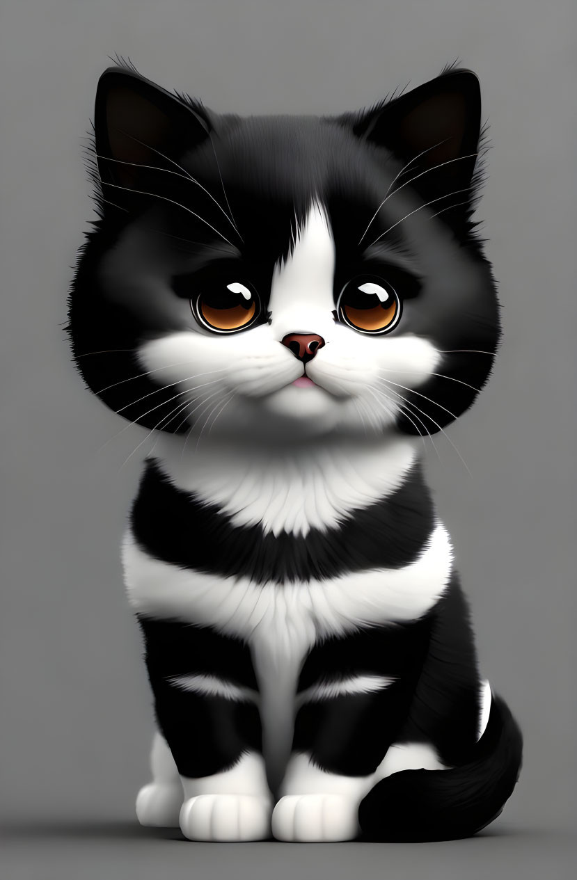 Plump black and white cartoon cat with amber eyes on gray background