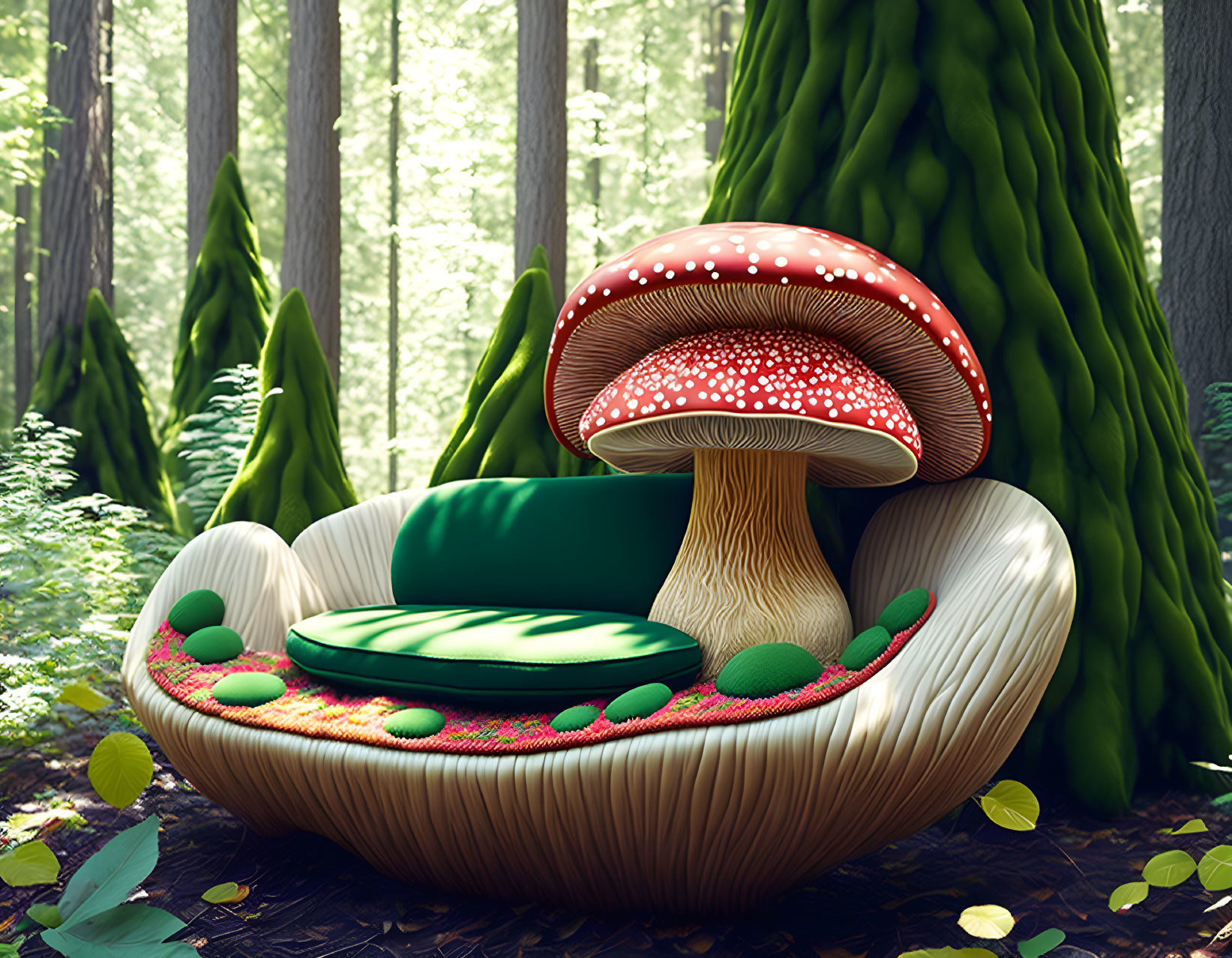 Whimsical illustration of cozy mushroom seating in lush forest